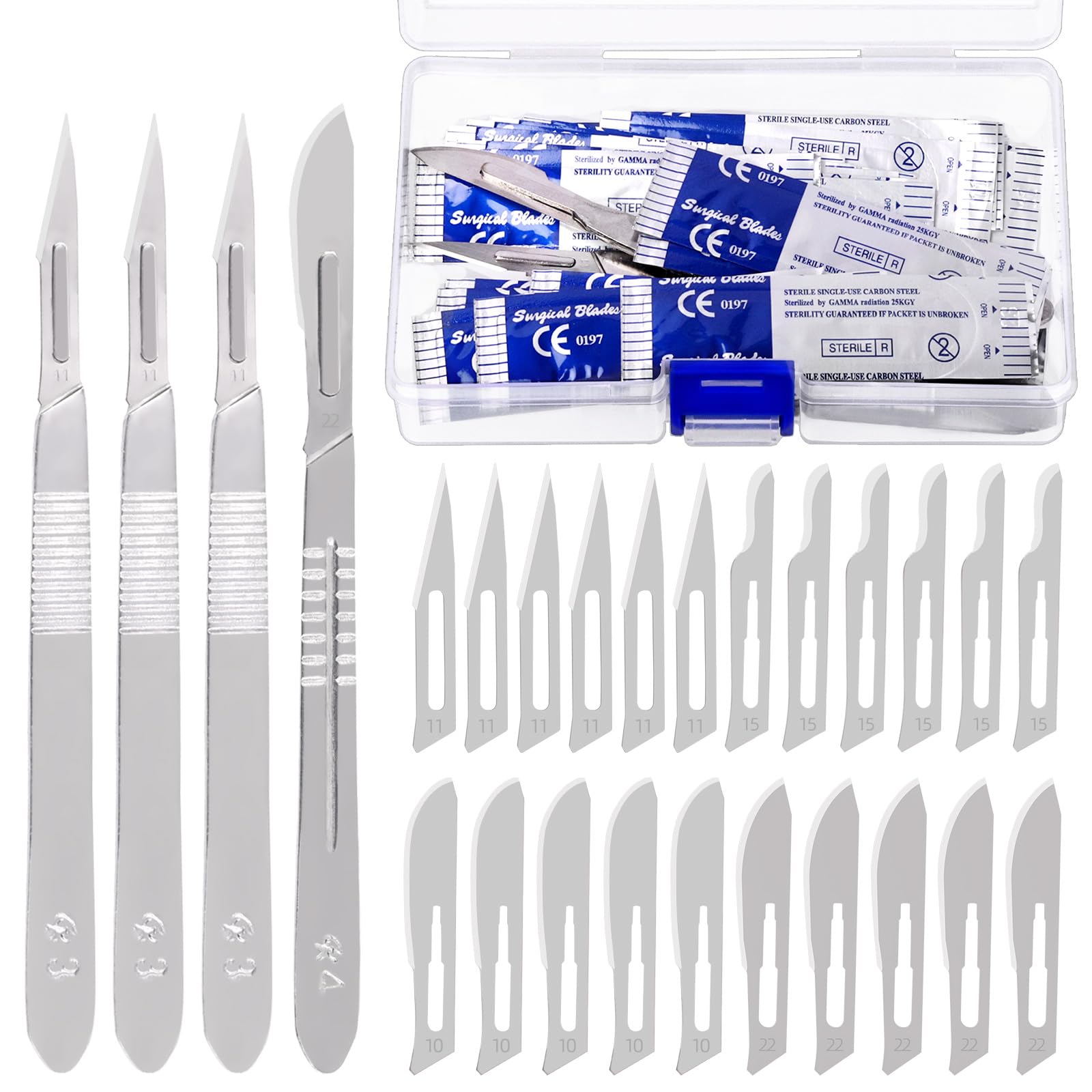 Keadic 44Pcs Surgical Scalpel Blades Set - #10 #11 #15 #22 Sterile High Carbon Steel Lab Knives with 2 Handles for Cutting, Sculpting, Callus Removal - Ideal for Medical Practice, Laboratory & DIY Crafts
