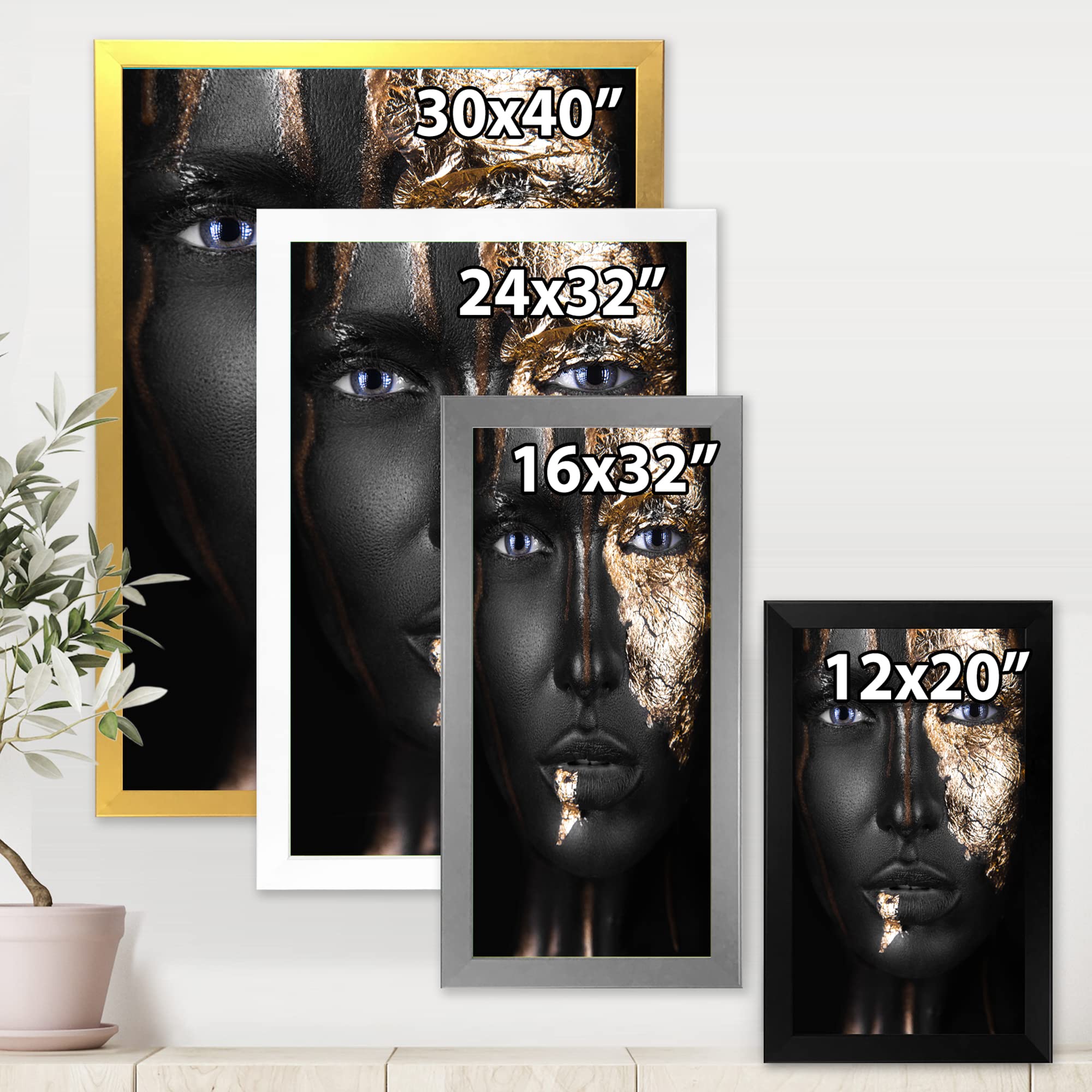 Modern Framed Wall Art - Portrait of an African American Girl with Gold Makeup - Home & Office Decor, Living Room, Bedroom Wall Decor