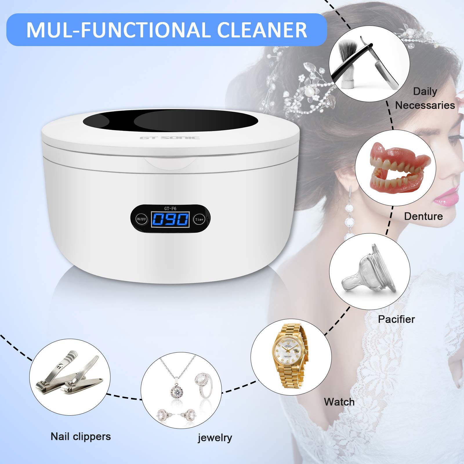 GT SONIC Ultrasonic Jewelry Cleaner - Professional Silver Cleaner for Jewelry, Rings, Eyeglasses, Watches, Coins, Tools, Razors, Earrings, Necklaces & Dentures | 25oz Tank with Digital Timer & Waterproof Design | Perfect for Home, Travel & Professional Use