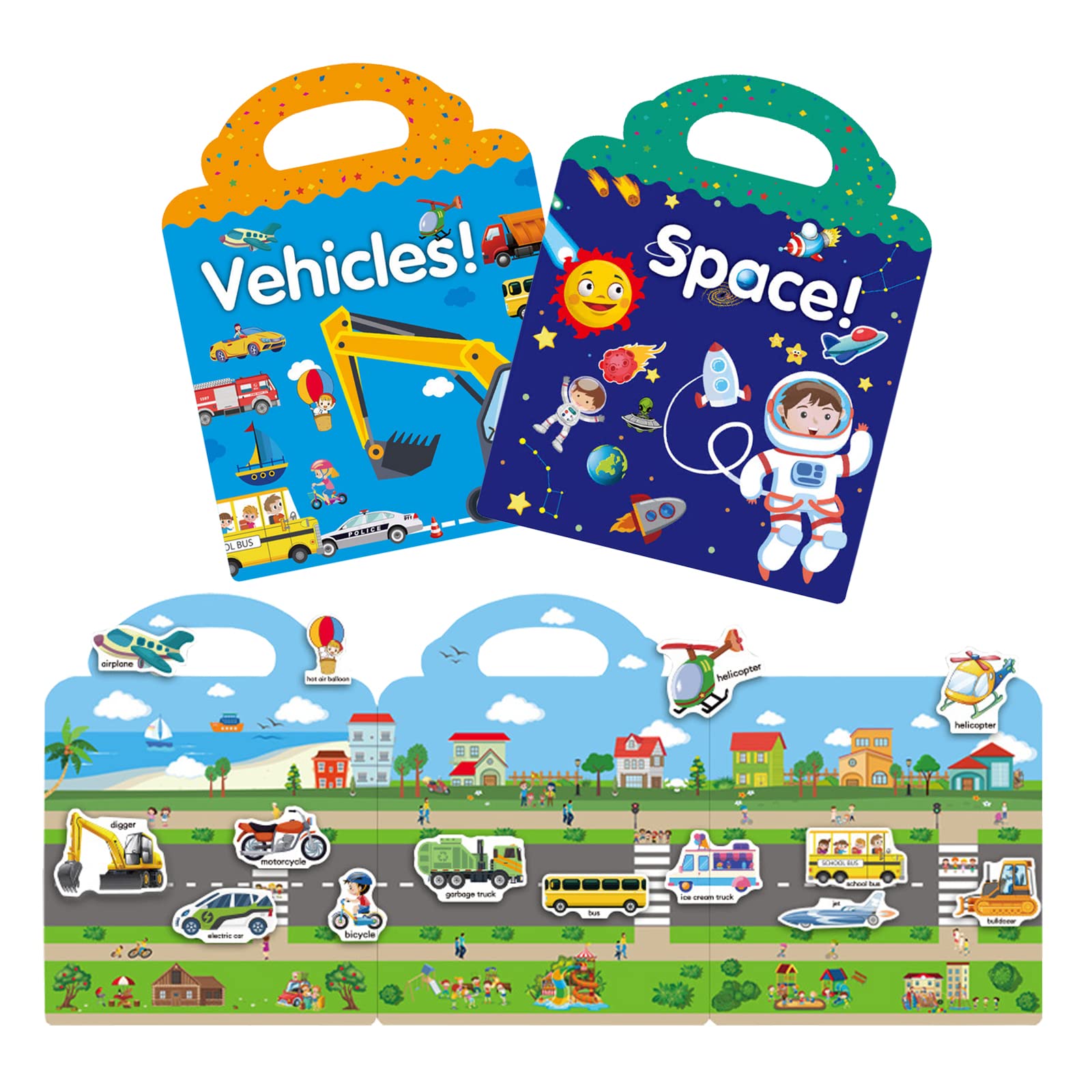 Reusable Sticker Books for Kids - Space & Vehicle Learning Toys for Toddlers Age 2-5, Educational Travel Activity for Boys & Girls - Perfect for Road Trips, Airplane Rides & Quiet Playtime at Home