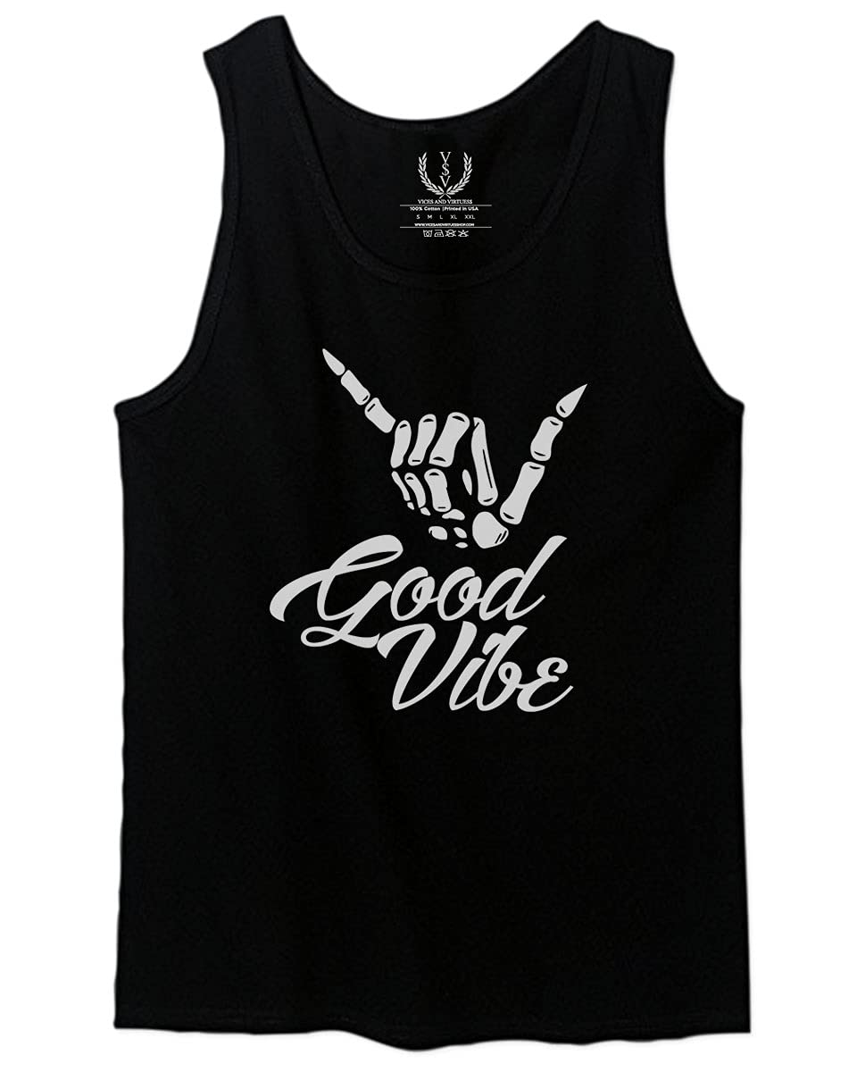 Cool Vintage Hipster Graphic Men's Tank Top with Shaka Hand Design - Big Good Vibe Bones Print - Casual Summer Wear for Beach, Music Festivals & Street Style