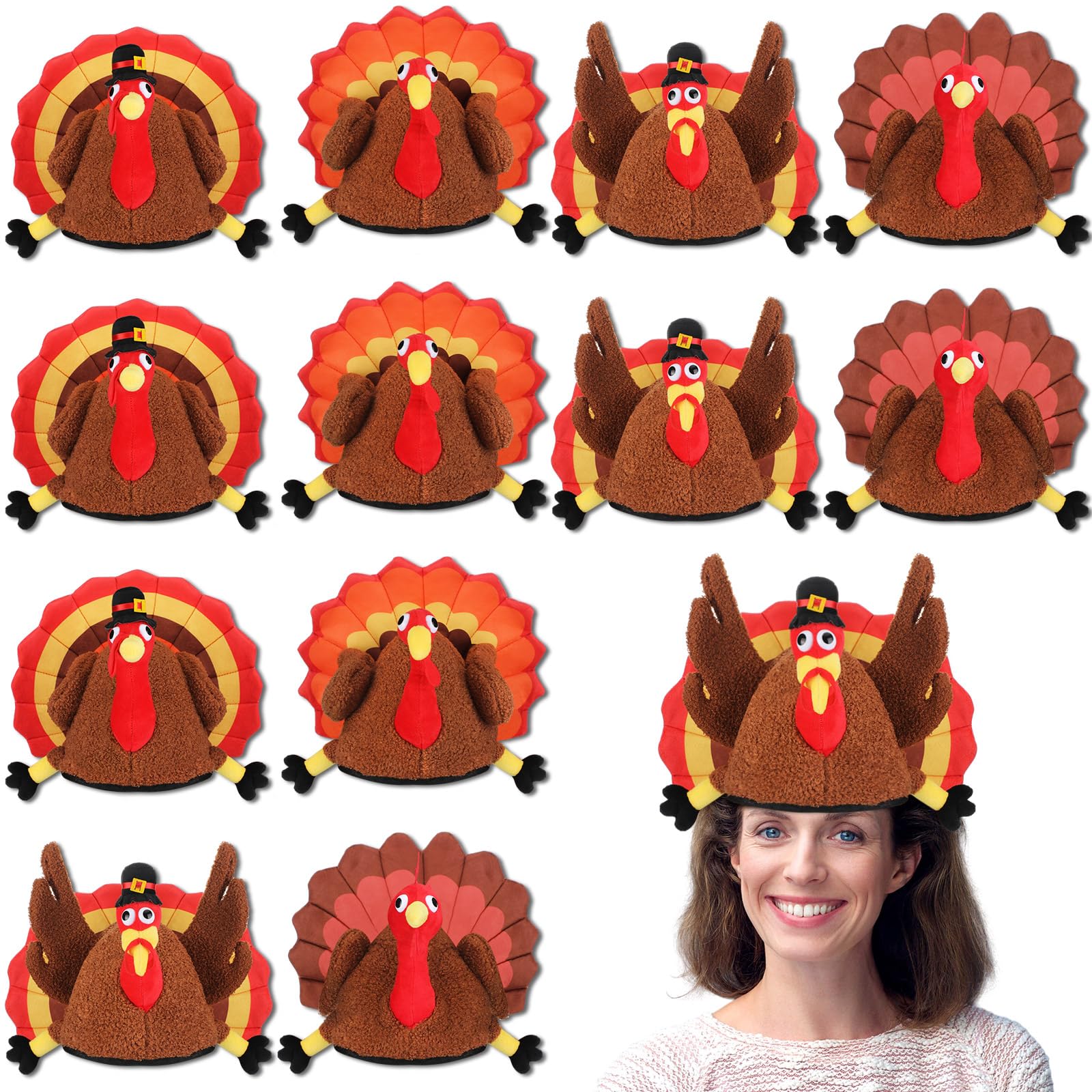 12 Pack Thanksgiving Turkey Hats - Fun Silly Costume Hats for Thanksgiving Party, Role Play, Carnival & Cosplay Events - 4 Styles - Perfect for Family Gatherings, Office Parties & Holiday Festivities