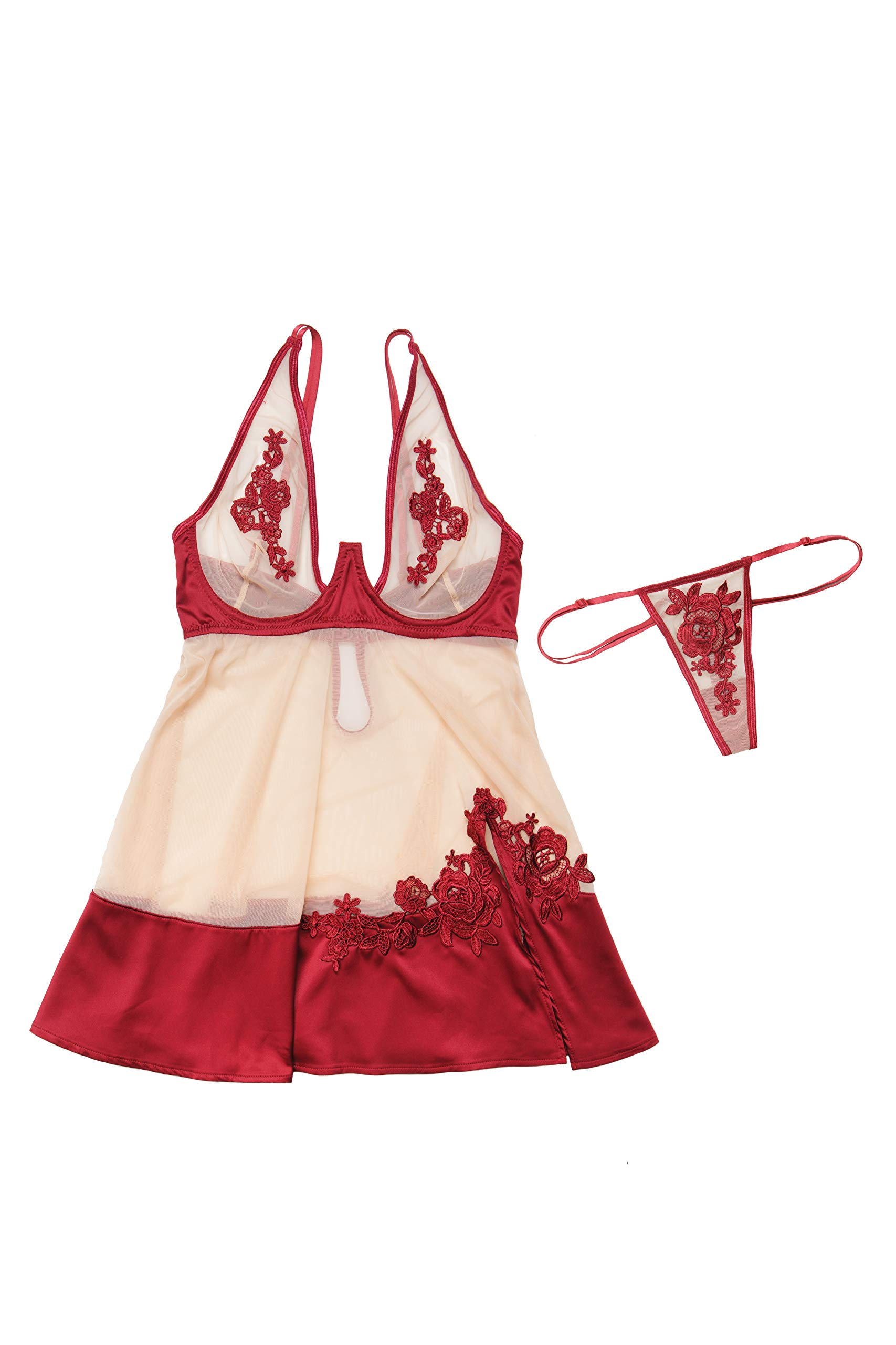 Coquette Sheer Nylon & Stretch Satin Babydoll with Underwire Cups & G-String - Merlot/Nude (Large) | Sexy Lingerie for Romantic Nights & Boudoir Photography