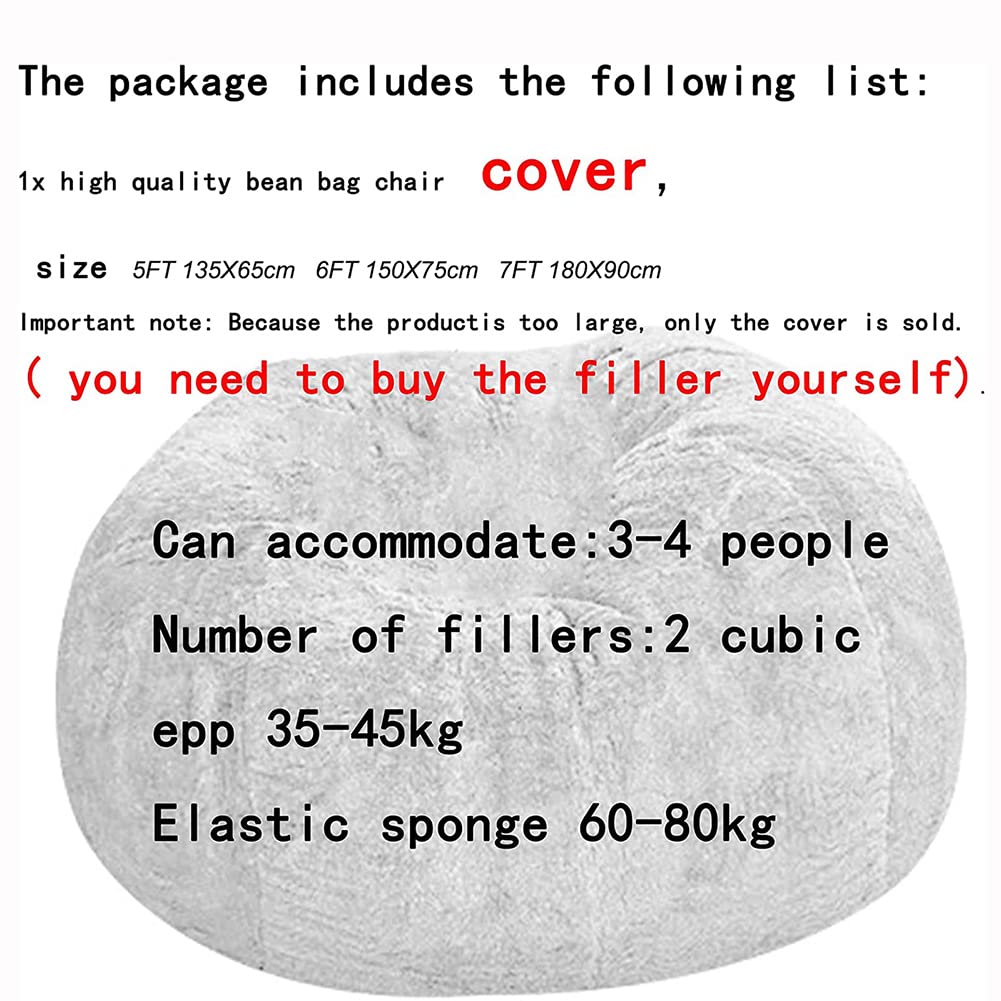 Super Soft Faux Fur Bean Bag Chair Cover - 5/6/7ft Large Fluffy Lazy Sofa Replacement (No Filler Included) - Perfect for Living Room, Bedroom, Game Room & Dorm Relaxation
