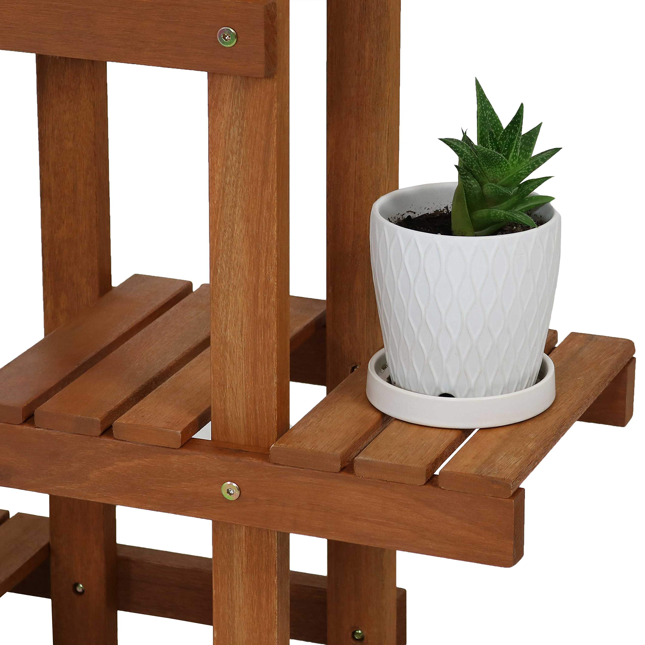 Sunnydaze 36-Inch Meranti Wood Indoor/Outdoor Multi-Tiered Plant Stand with Teak Oil Finish - Perfect for Patio, Garden, Balcony & Home Decor