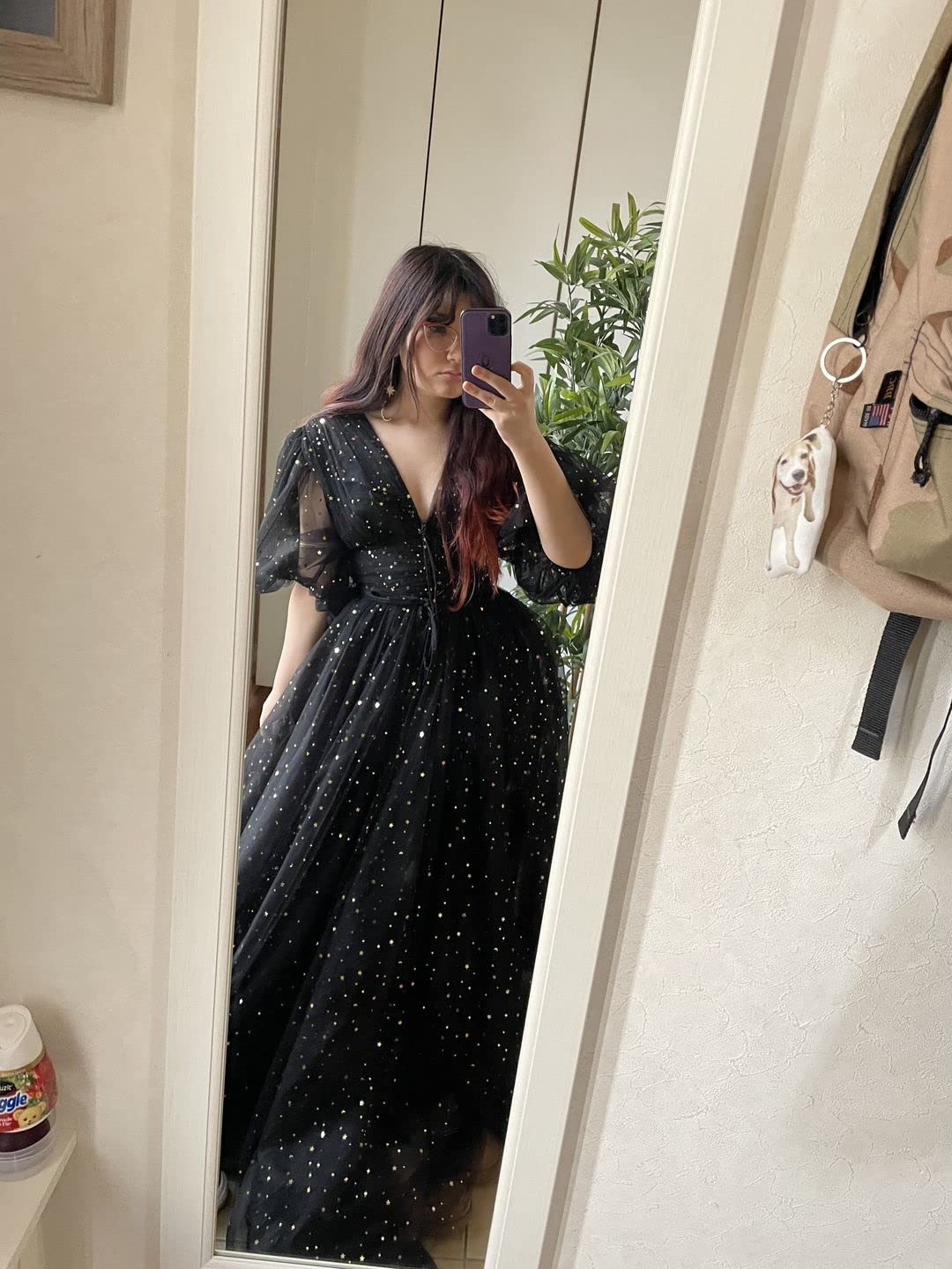 Starry Tulle Puffy Sleeve Prom Dress - A-Line Split Formal Long Sparkle V-Neck Ball Gown for Evening Party | Black Size 22 | Perfect for Homecoming, Prom Night, Wedding Guest & Special Occasions