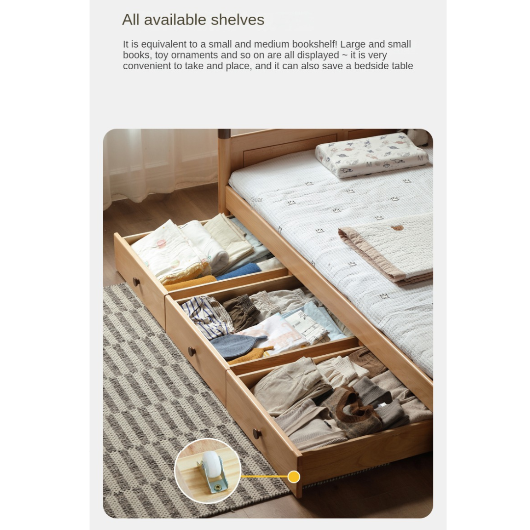 Solid Oak Wood Multi-Function Storage Bed - Queen Size Platform Bed with Underbed Drawers for Small Space Bedroom, Guest Room & Studio Apartments