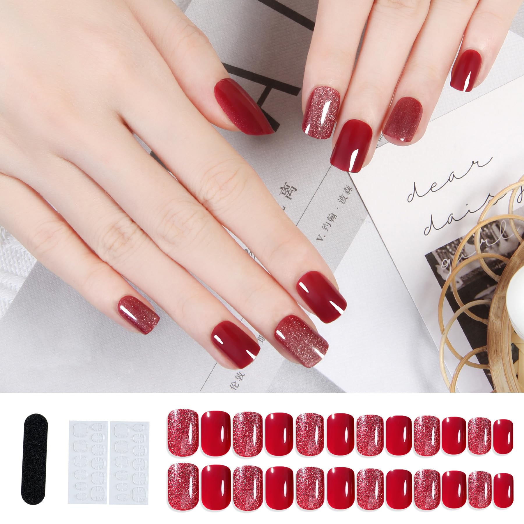 Short Square Press On Nails - 24Pcs Red Cat Eye Glossy Acrylic Fake Nails with Adhesive Tabs | Reusable & Trimmable Artificial Nails for Women & Girls | Perfect for Festivals, Parties & Daily Wear