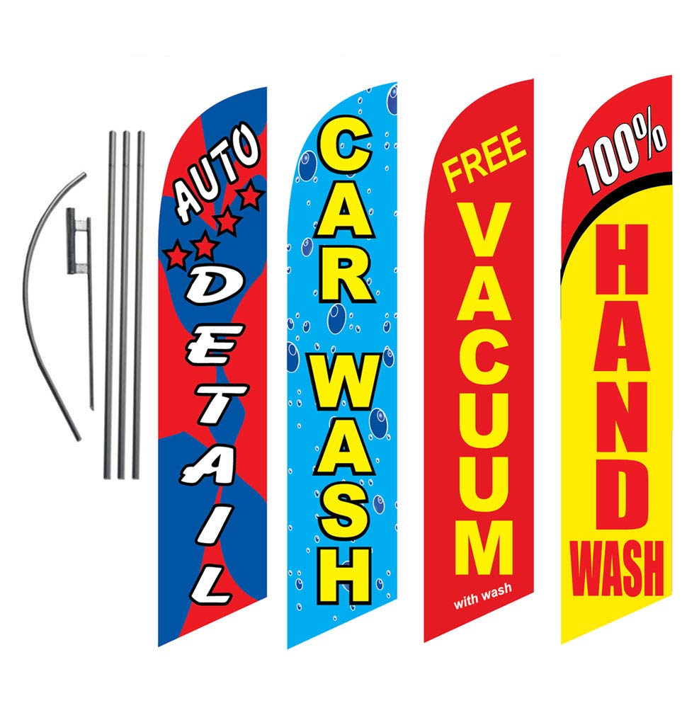 4 Pack Car Wash Signs Kit - Auto Detailing, Hand Wash & Vacuum Advertising Package with Feather Flag Pole & Stakes - Perfect for Car Wash Businesses, Detailing Shops & Auto Service Centers