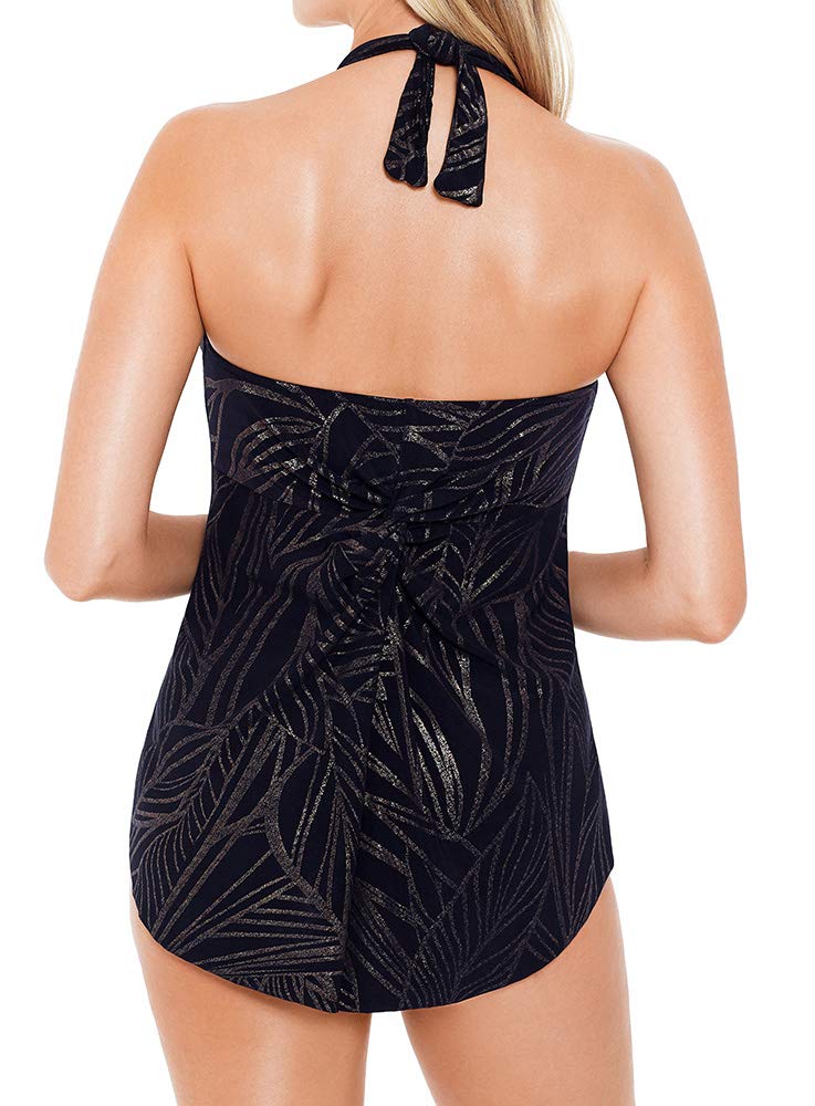 Magicsuit Women's Gold Leaf Trish Halter Tie Soft Cup High Low Hem Tankini Top - Black & Gold Swimsuit for Beach, Pool & Summer Vacations | Size 08