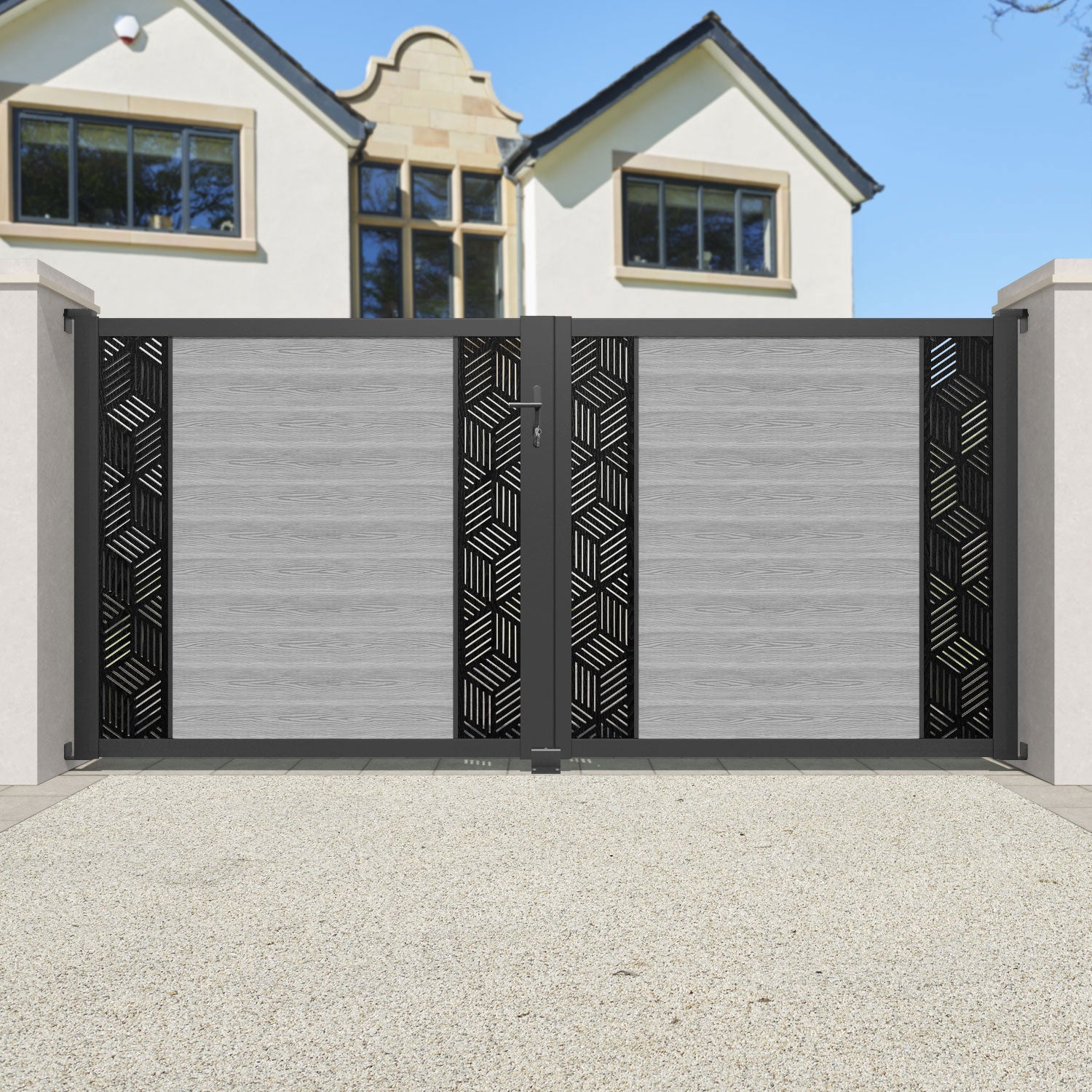 Classic Cubed Straight Top Driveway Gate - Light Grey Finish with Middle & End Screen Panels | Durable Metal Fence Gate for Home Security & Property Protection | Perfect for Residential Driveways, Gardens & Backyard Entrances