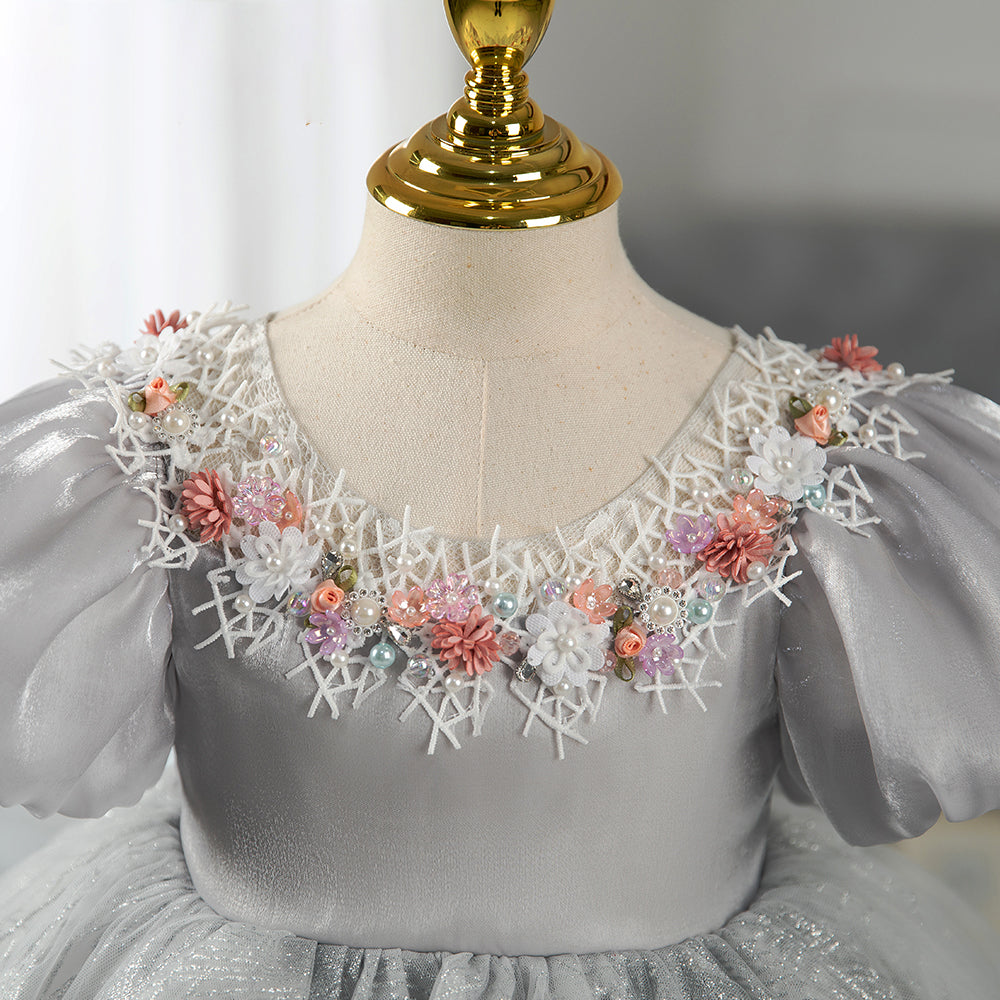 Elegant Grey Princess Tea Length Flower Girl Dress with Beaded Flowers - Perfect for Weddings, Birthday Parties & Special Occasions