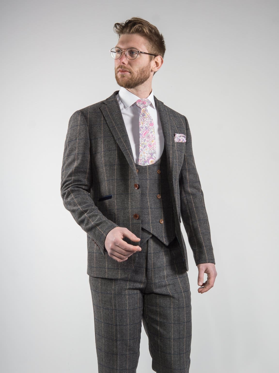 Ezra Men's Grey Herringbone Slim Fit 3 Piece Tweed Suit | Formal Business Attire for Weddings, Office & Special Occasions