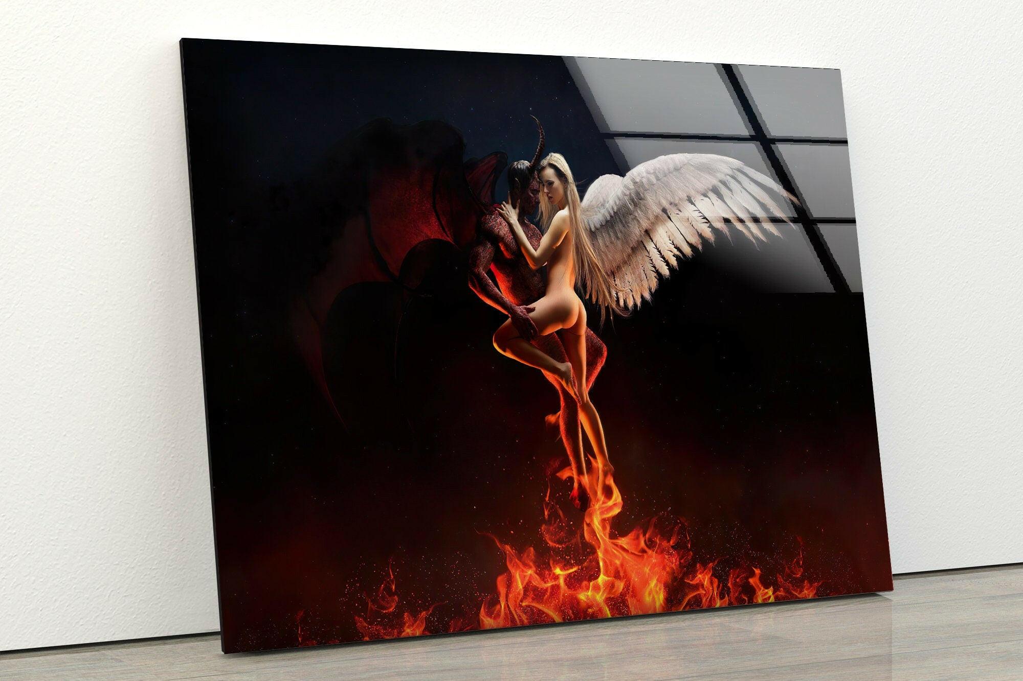 Angel and Devil Stained Glass Wall Art - Elegant Gothic Home Decor for Living Room, Bedroom, or Office