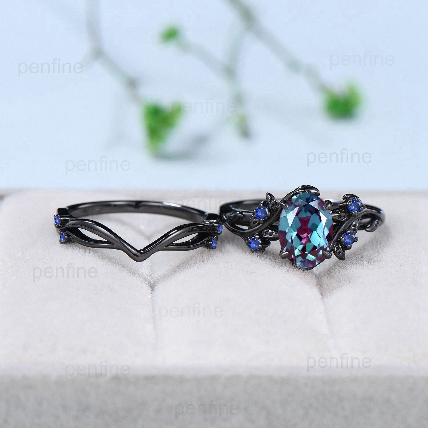 Nature Inspired Alexandrite Leaf Ring Set - Black Gold Branch Twig Color Changing Engagement Ring - Unique Sapphire Wedding Ring for Women - Perfect for Engagement, Wedding & Anniversary Gifts