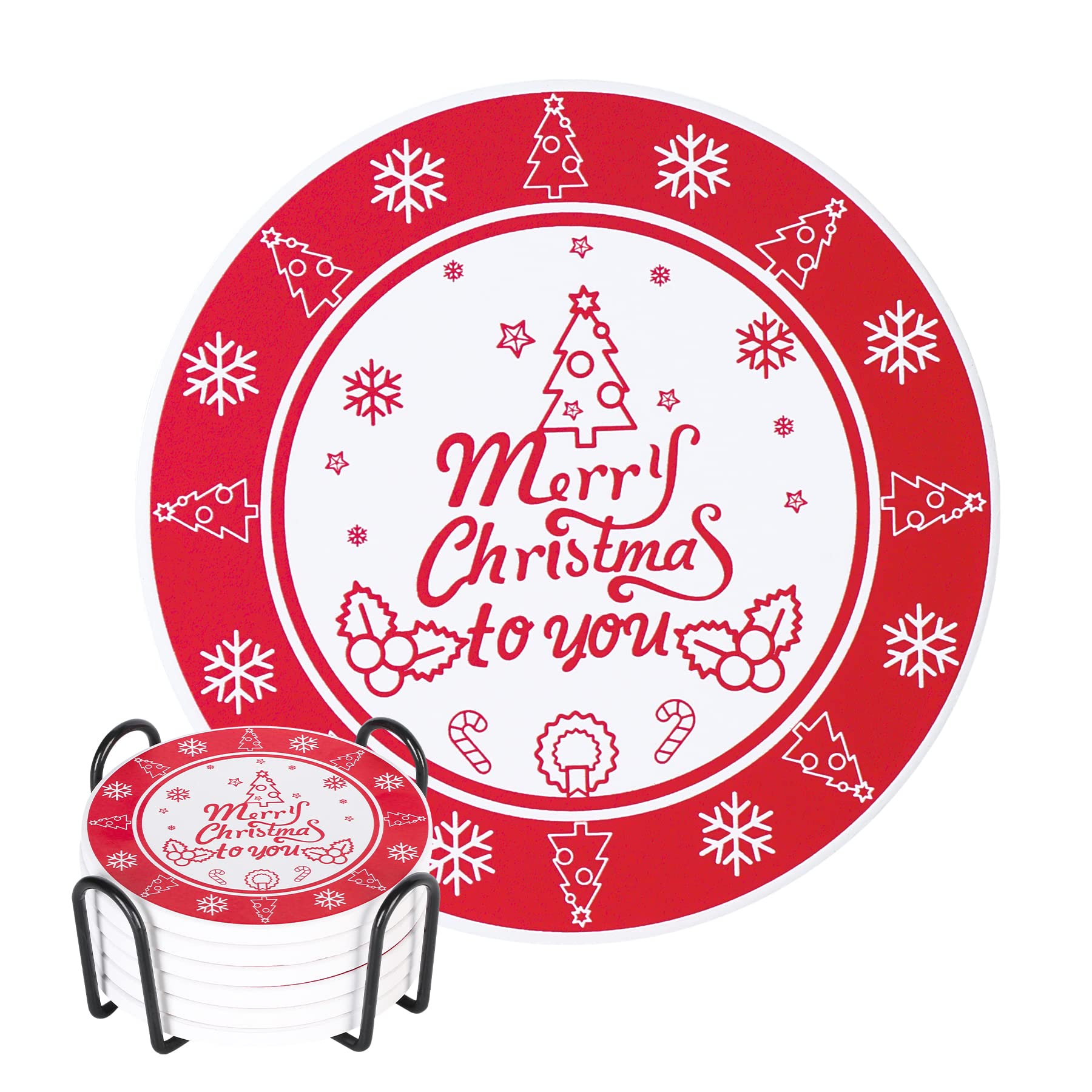 Christmas Ceramic Coaster Set of 6 with Holder - Durable Drink Coasters for Coffee Table & Home Decor - Perfect Holiday Gift