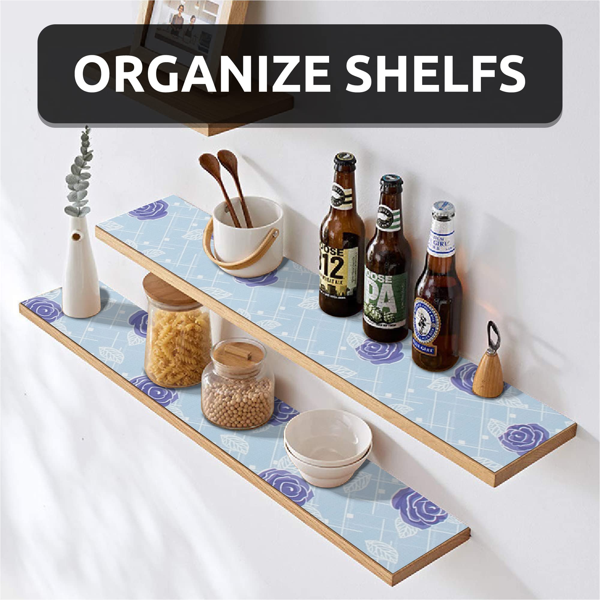 12X120 Inch Non-Slip PVC Shelf Liner - Washable Kitchen Cabinet & Drawer Organizer, Dresser & Bathroom Storage Solution (Blue Bloom, 1 Roll) - Perfect for Organizing Pantry, Shelves & Protecting Surfaces