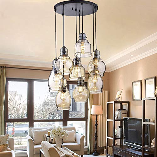 Vintage 8-Light Kitchen Island Chandelier with Cognac Glass Cluster - Antique Black Finish Pendant Light for Dining Room, Cafe & Bar | Perfect for Farmhouse, Industrial & Retro Decor