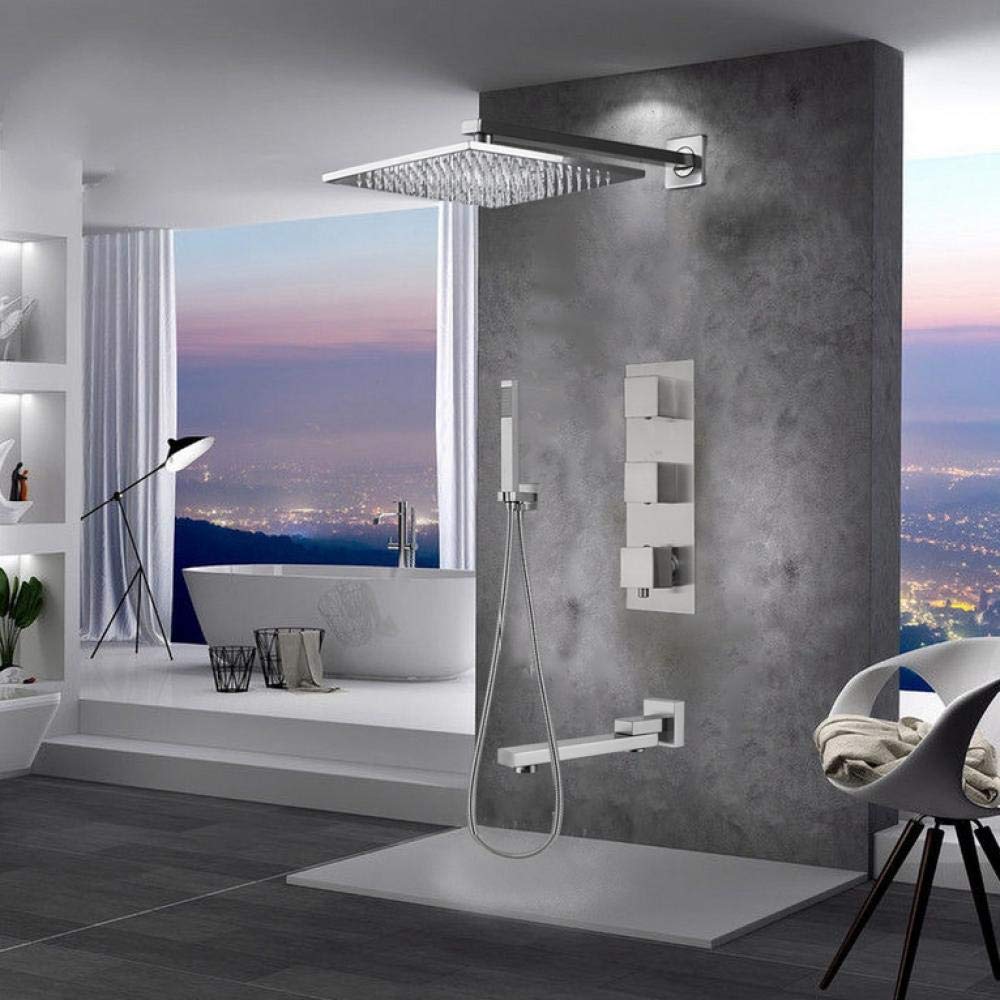 Brushed Nickel Thermostatic Shower Faucet Set - 10 Inch Rainfall Shower Head with Handheld Sprayer, Bathroom Mixer Valve System for Luxury Spa Experience at Home - Perfect for Master Bath & Modern Bathroom Renovations