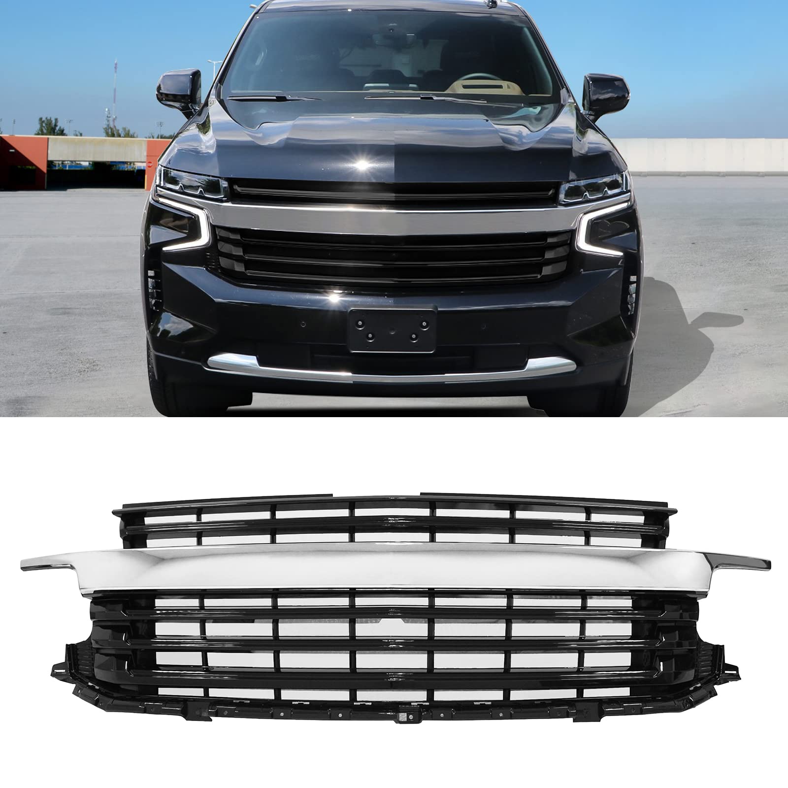 FREEMOTOR802 Compatible Front Grille for 2021-2023 Chevy Tahoe & Suburban - Chrome & Gloss Black Bumper Hood Grille Replacement with Lower Grill - Upgrade Your SUV's Style for Off-Road & Urban Driving