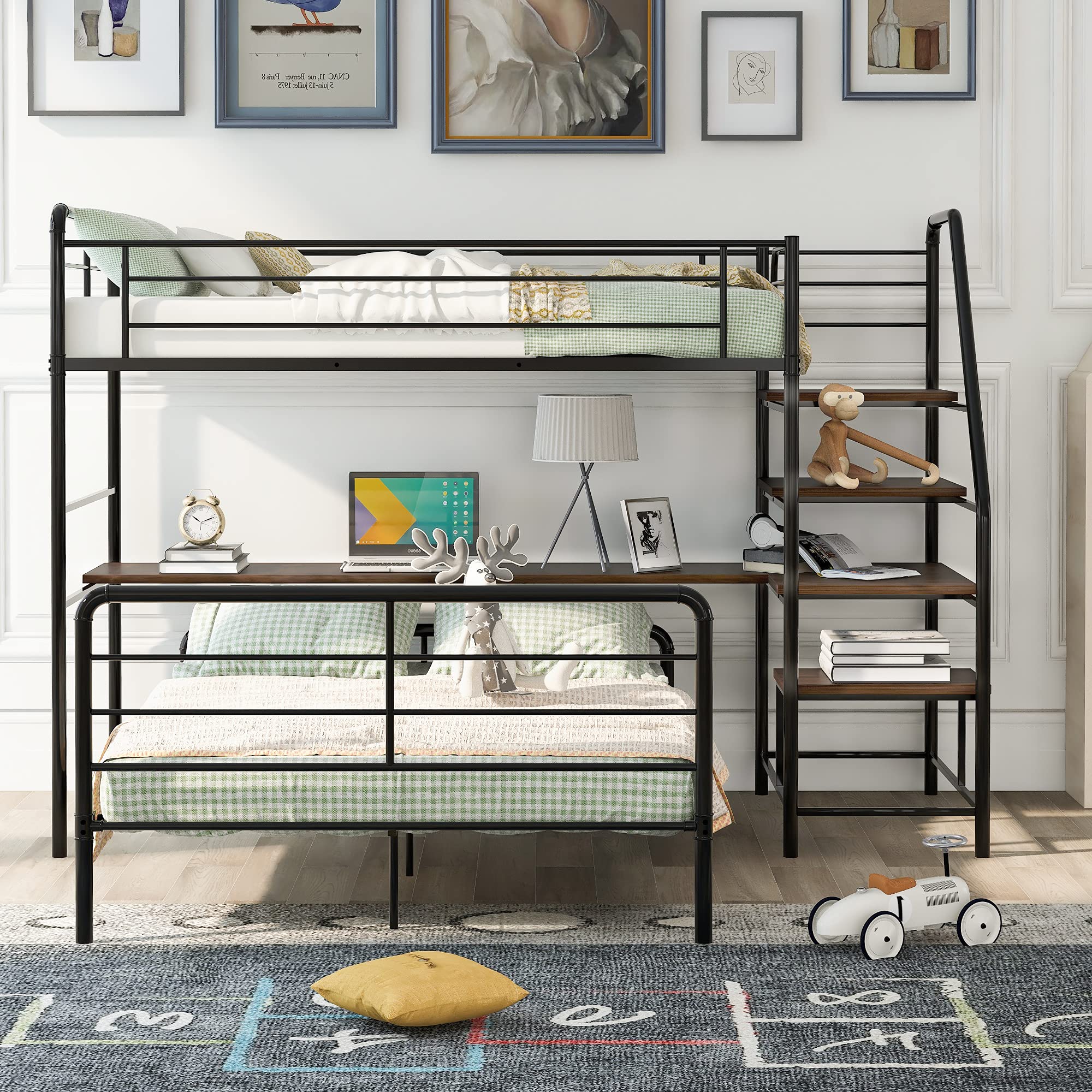Twin Over Full Loft Bed Frame with Desk & Ladder - Sturdy Black Metal Bunk Bed for Teenagers - Space-Saving Bedroom Furniture for Small Rooms & Shared Kids' Rooms - Perfect for Dorms, Apartments & Multi-Child Families