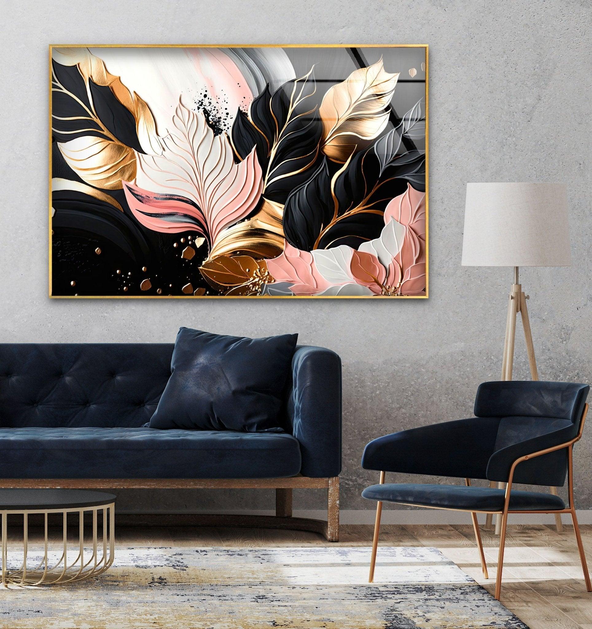 Abstract Pink Gold Leaf Glass Wall Art - Modern Home Decor for Living Room, Bedroom & Office - Elegant Handmade Artwork for Gifts & Interior Design