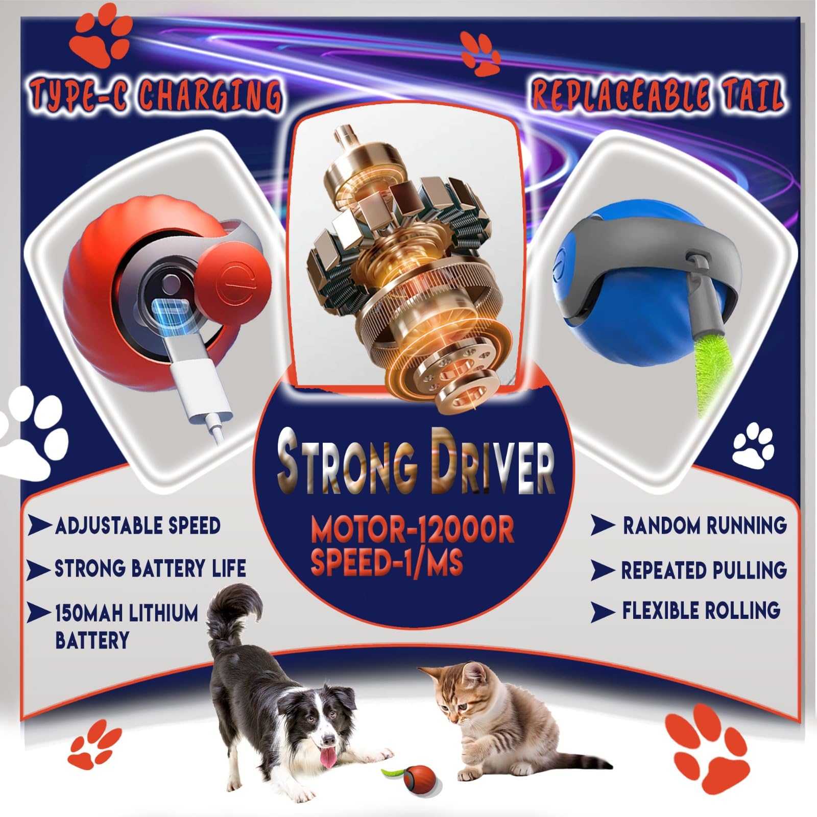 Speedy Tail 2.0 - USB Rechargeable Interactive Cat Toy with Automatic Moving Ball & Replaceable Tails - Smart Pet Toy for Indoor Cats & Dogs - Perfect for Playtime, Exercise & Boredom Relief