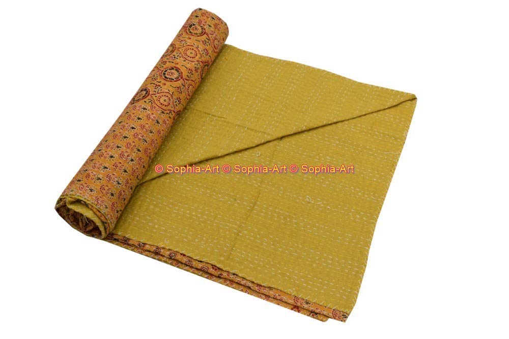 Sophia Art Queen Size Hand Block Print Kantha Quilt 90x108 Inch - Ajrakh Bedspread with Vegetable Dye | Indigo Print Cotton Blanket (Yellow Patch) for Bedroom Decor, Boho Chic Home, Guest Room & Cozy Throw