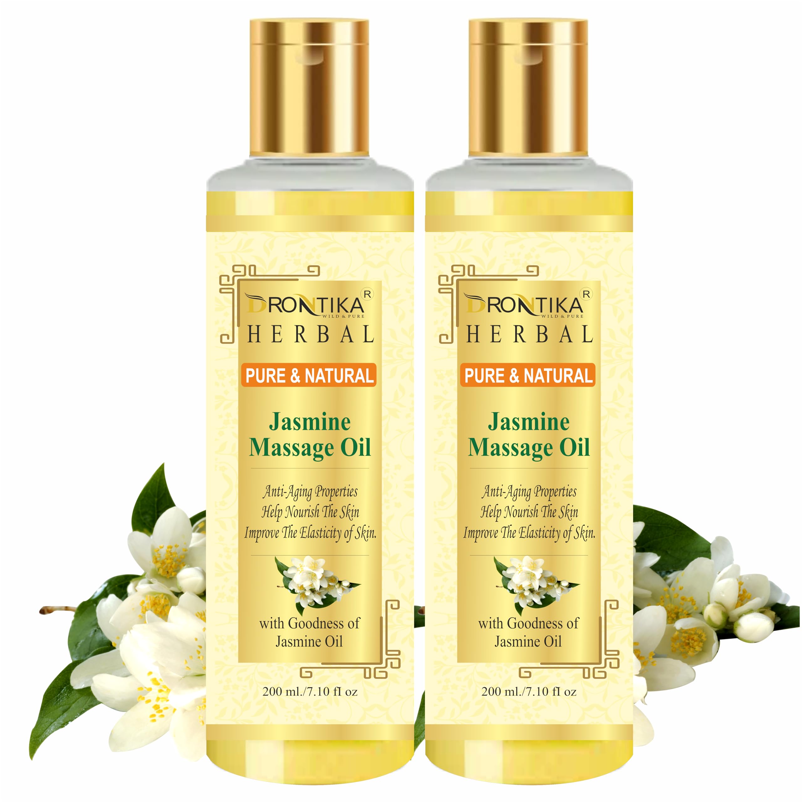 100% Pure Jasmine Massage Oil with Almond, Olive, Jojoba & Sesame Oils + Vitamin E - 200ml | Relaxing Aromatherapy for Spa, Couples & Self-Care | Drontika Herbal