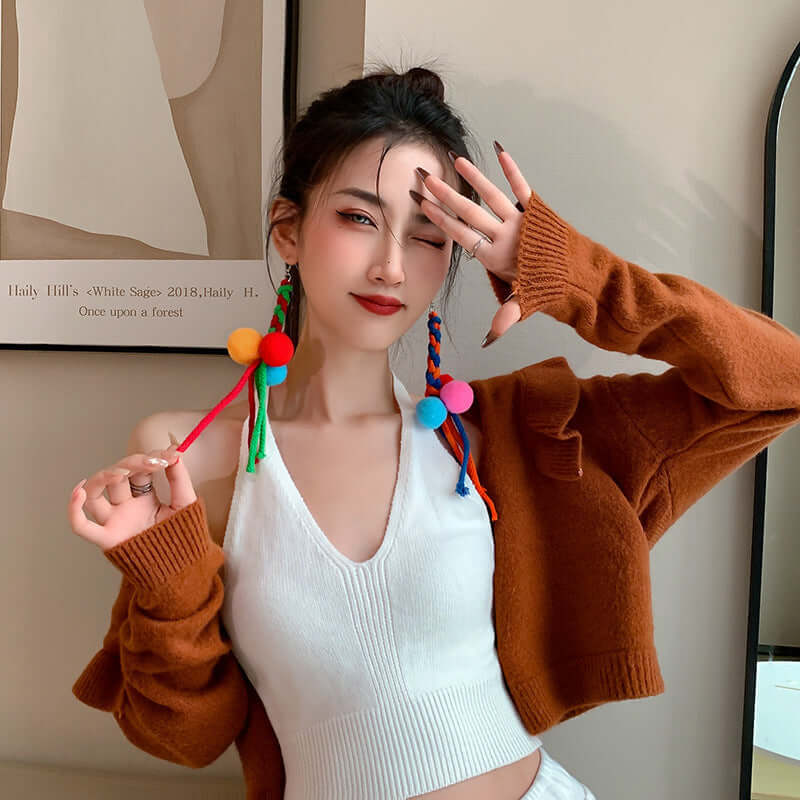 Rainbow Knit Tassel Drop Earrings for Women | Long Bohemian Dangle Earrings | Handmade Yarn Statement Jewelry | Perfect for Festivals, Parties, and Boho Fashion Accessories