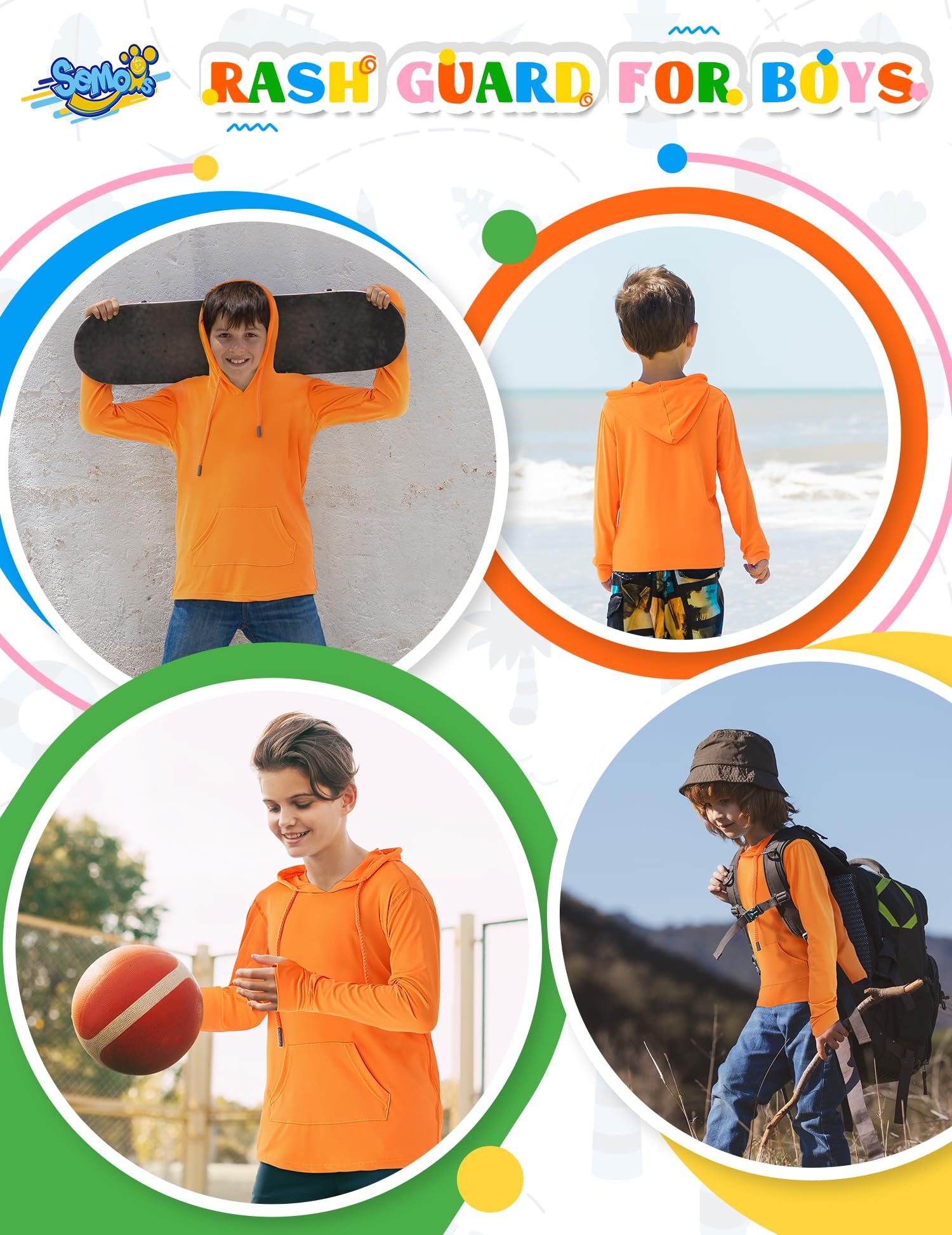 Boys UPF 50+ Sun Protection Long Sleeve Rash Guard Swim Shirt with Pocket - Kids Hooded UV Shirt for Swimming, Fishing, Beach & Water Sports