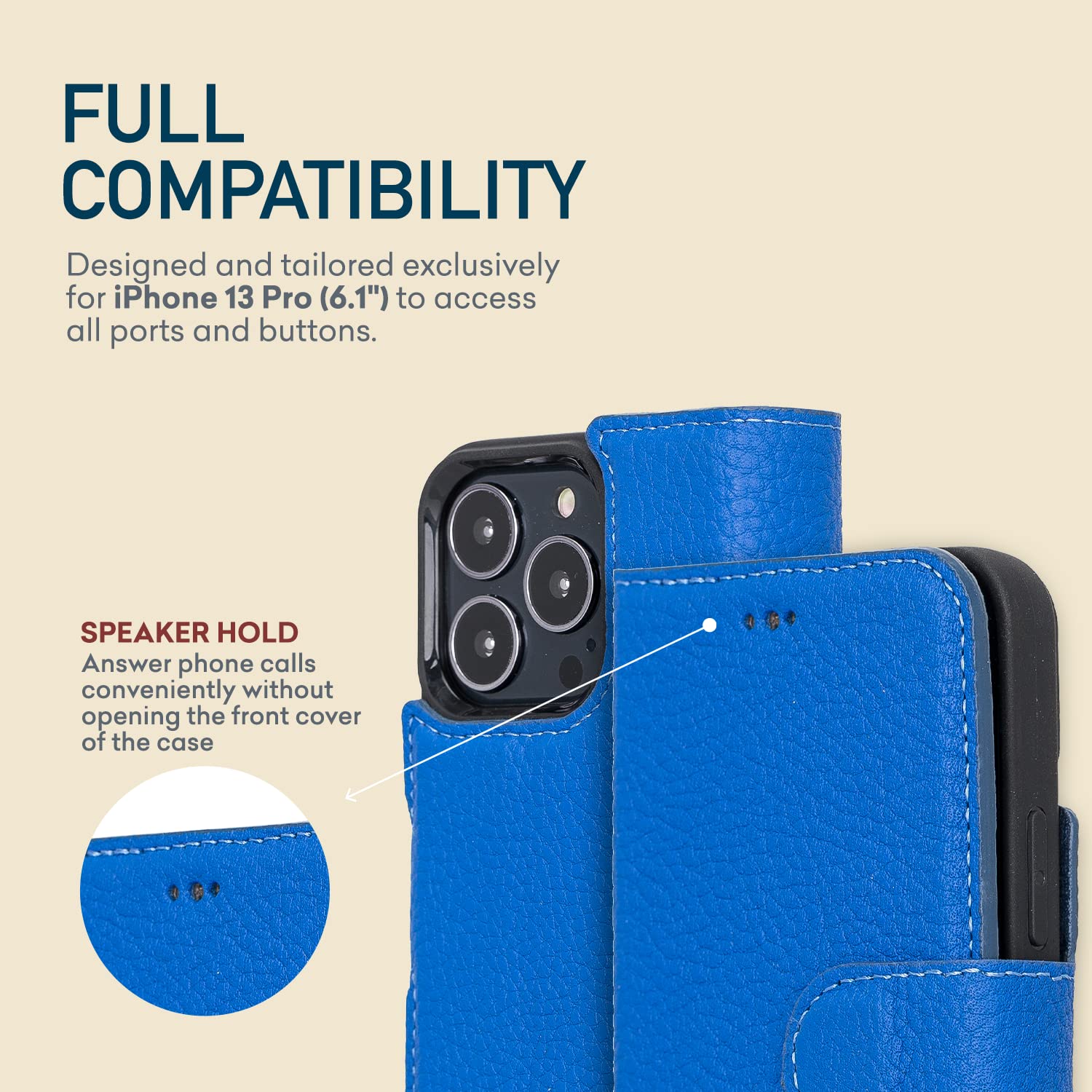 Premium Full Grain Leather iPhone 13 Pro Case with Magnetic Wallet & Kickstand - Detachable Flip Cover with Card Slots | MagSafe Compatible | Royal Blue | Perfect for Business Travel & Everyday Use
