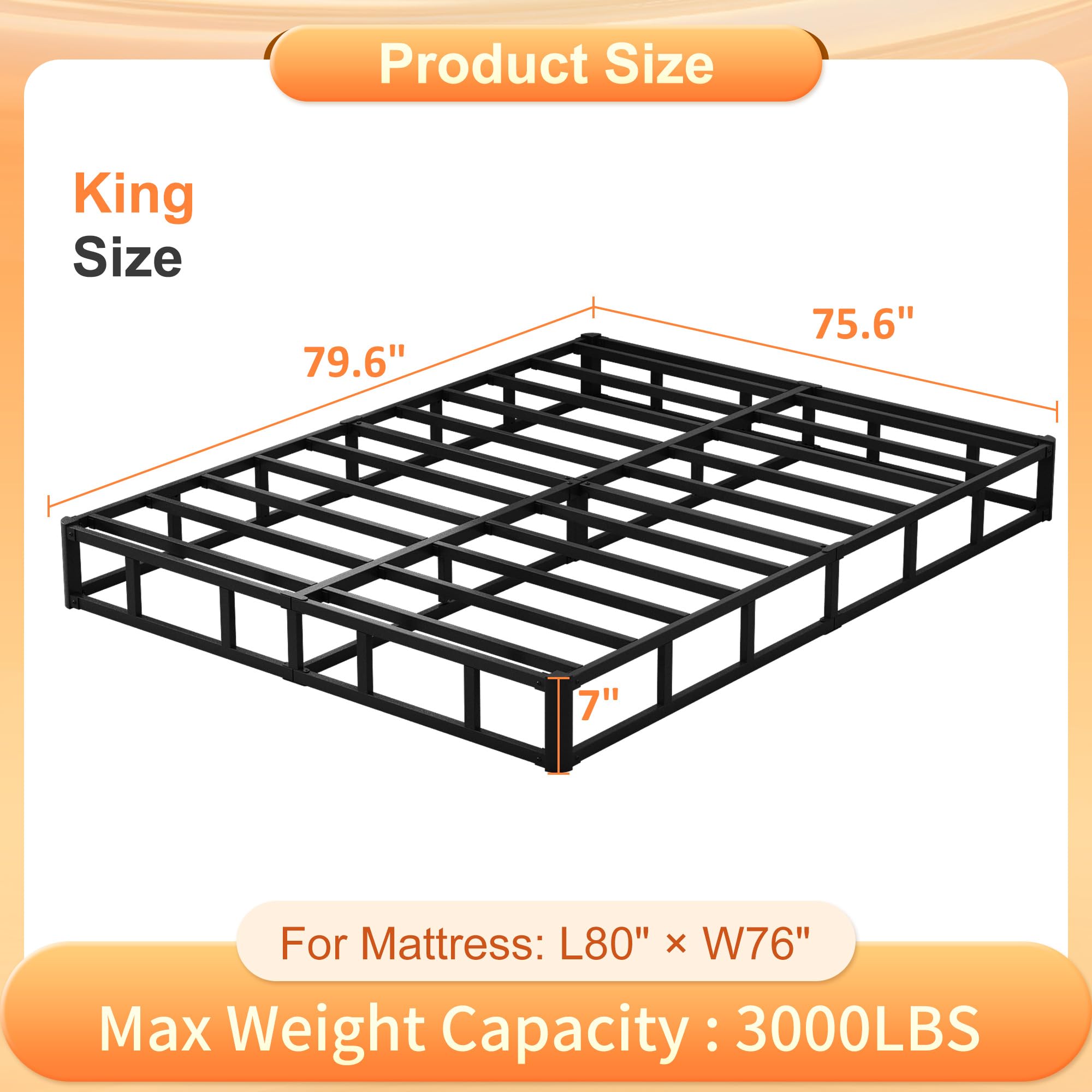 7 Inch King Box Spring - Heavy Duty Metal Bed Base with Fabric Cover, Sturdy Mattress Foundation - Easy Assembly, Noise Free Support - Black - Perfect for Master Bedrooms & Guest Rooms