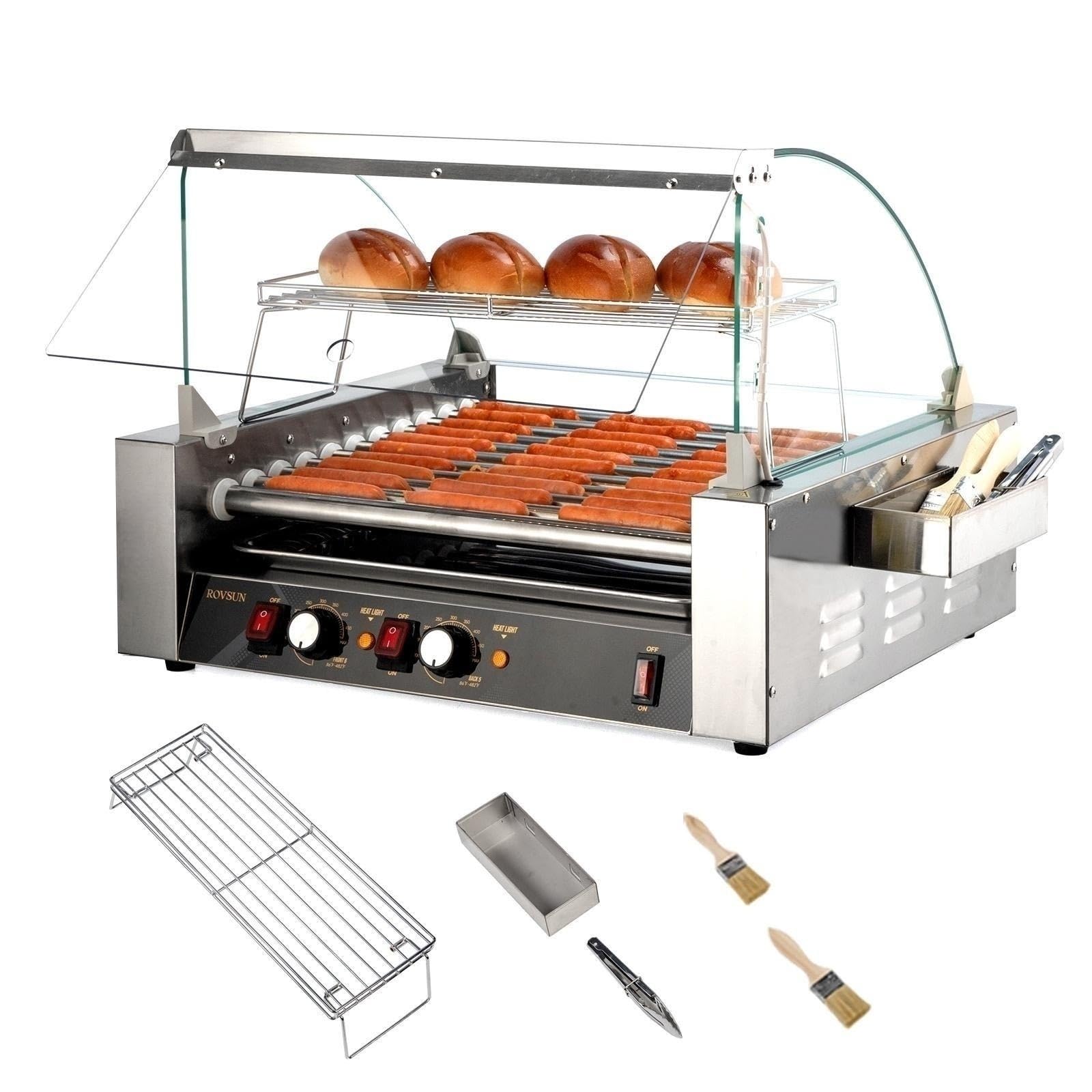 ROVSUN Commercial Hot Dog Roller Machine - 11 Rollers, 30 Hot Dogs Capacity, Dual Temperature Control with LED Lighting, Removable Shelf & Drip Tray - Perfect for Parties, Home Use, Food Trucks, and Outdoor Events (ETL Certified 1650W)
