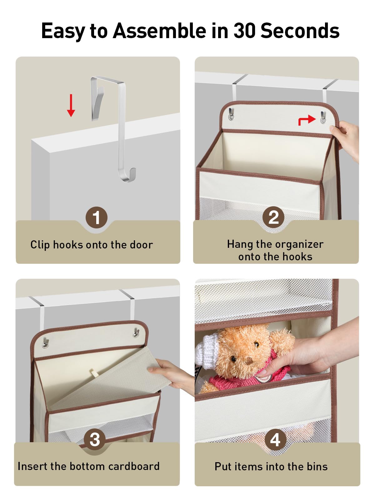 Yecaye Over the Door Storage Organizer - 35.2lbs Capacity Hanging Closet Organizer with 4 Bins & 6 Side Pockets - No Sagging Bathroom & Nursery Door Storage for Baby Essentials, Toys & Towels - Beige | Perfect for Small Spaces, Closet Organization & Baby Room Storage