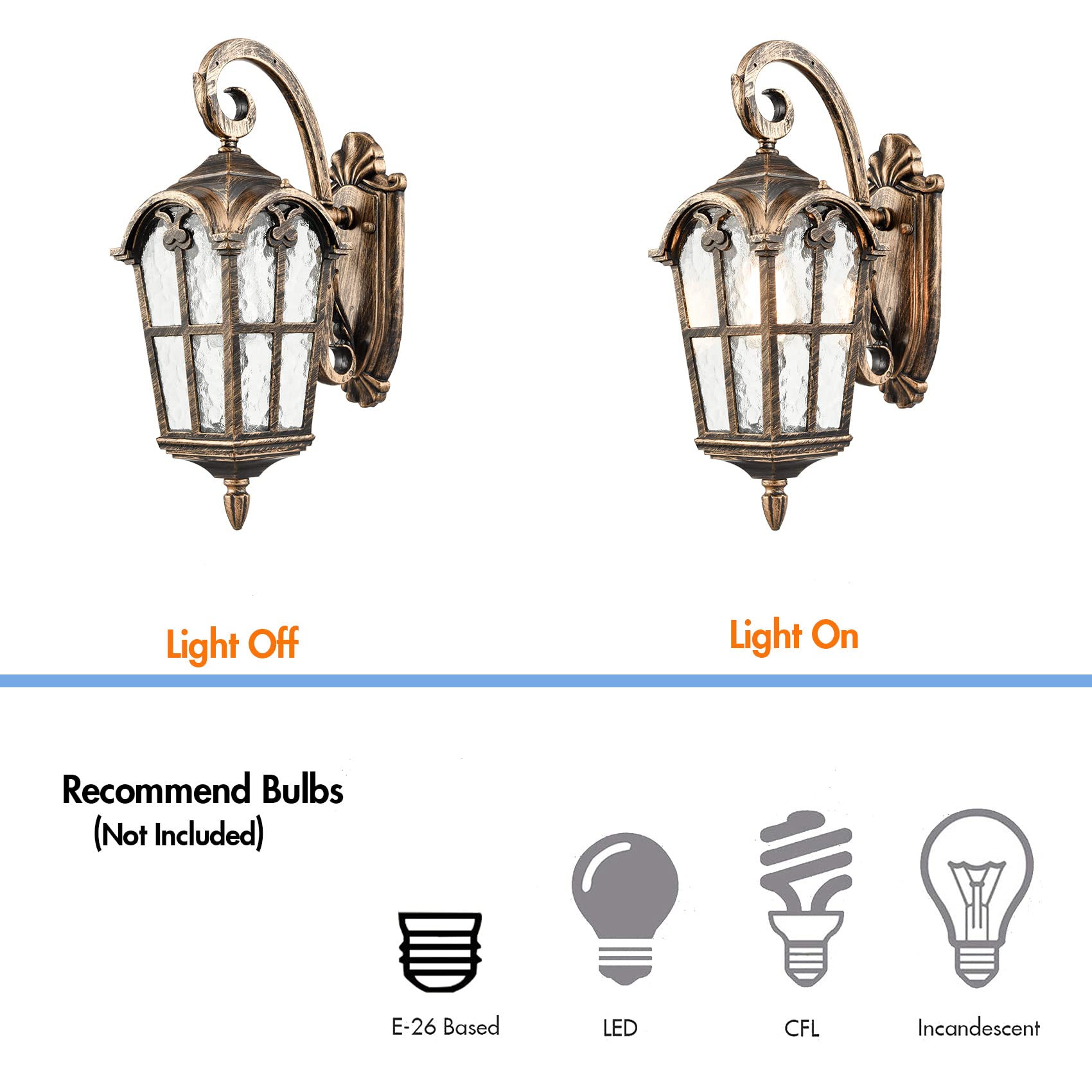 YUBOLE Outdoor Wall Lights - Hammered Texture Glass Exterior Wall Lantern for Front Porch, Patio, Garage - Weather Resistant Antique Brass - Perfect for Entryway Lighting & Backyard Decor