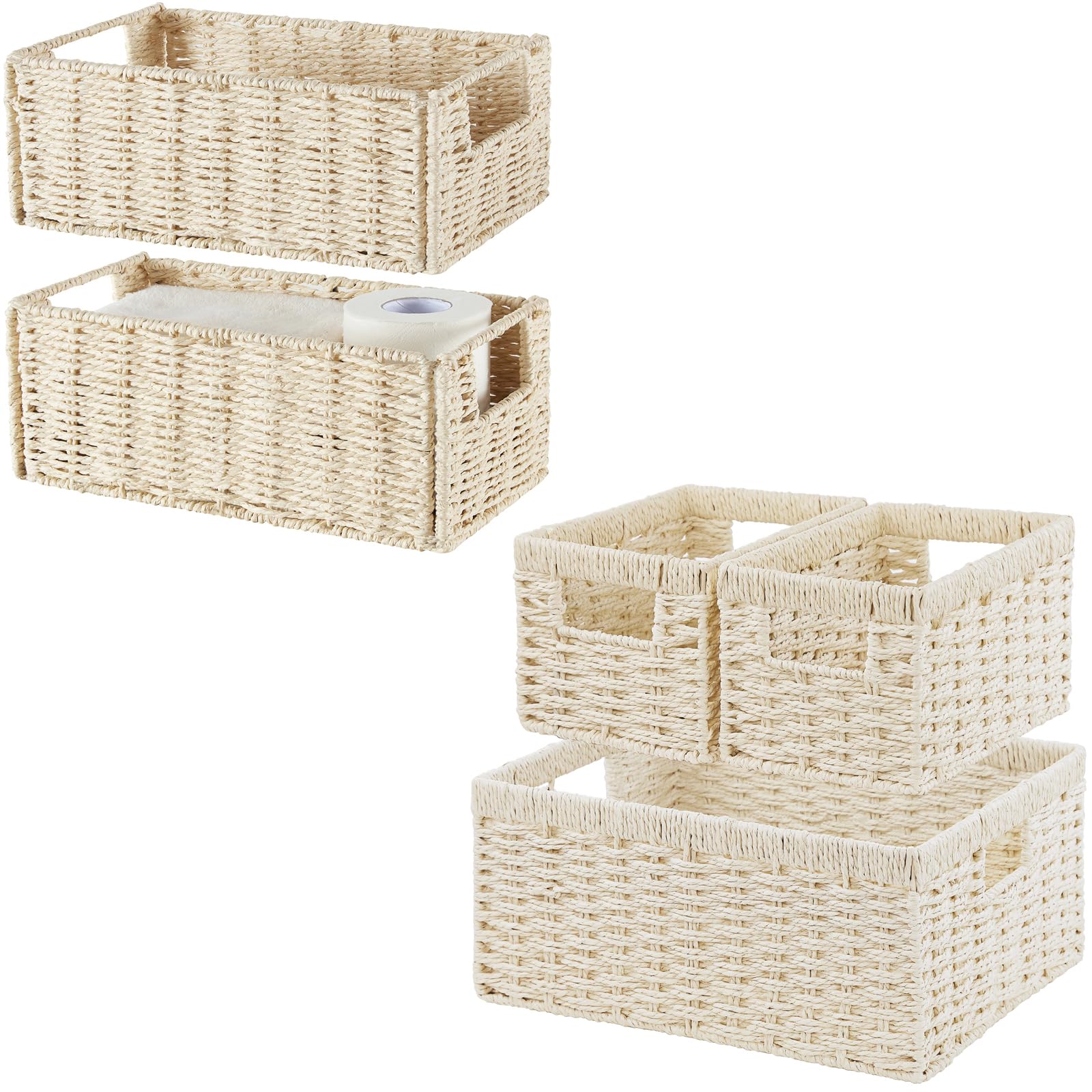 Vagusicc 5-Piece Woven Wicker Storage Basket Set - Foldable Cube Organizer Bins for Shelves, Toilet Paper, Bathroom & Home Decor - Beige | Perfect for Bathroom Storage, Closet Organization & Living Room Decor