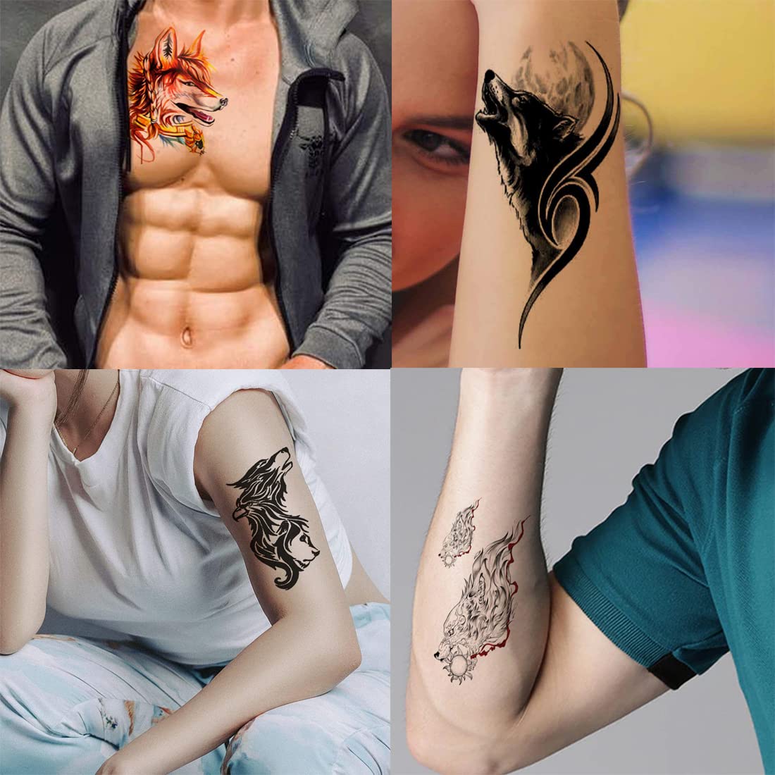 Wild Wolf Tribal Temporary Tattoos for Men & Women - Pack of 4 Realistic Fake Tattoo Stickers (2x4 Inch) - Perfect for Parties, Halloween & Costume Events