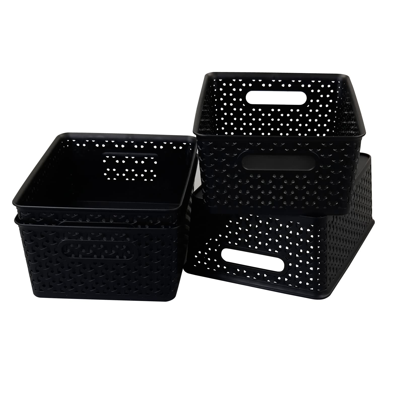 Gloreen Black Plastic Woven Storage Baskets - Set of 4 for Pantry Organization, Closet Shelves & Home Decor | Durable Multi-Purpose Bins for Kitchen, Bathroom & Office Supplies