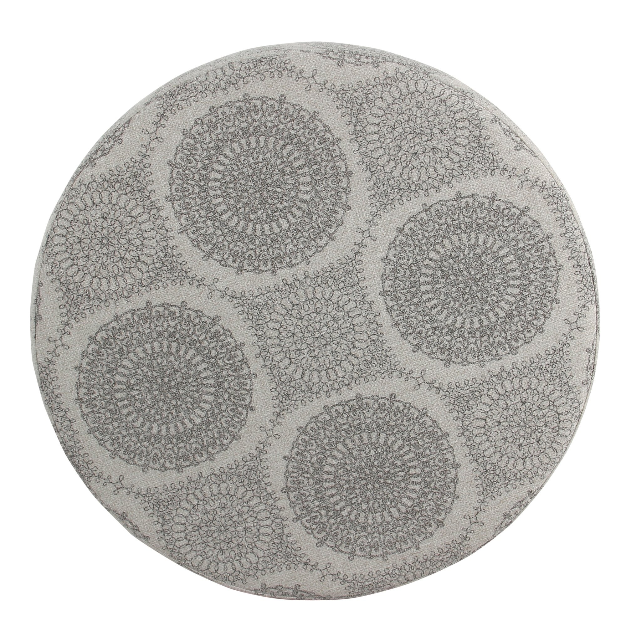 Homepop Round Storage Ottoman with Upholstered Fabric, Grey Medallion Design - 24