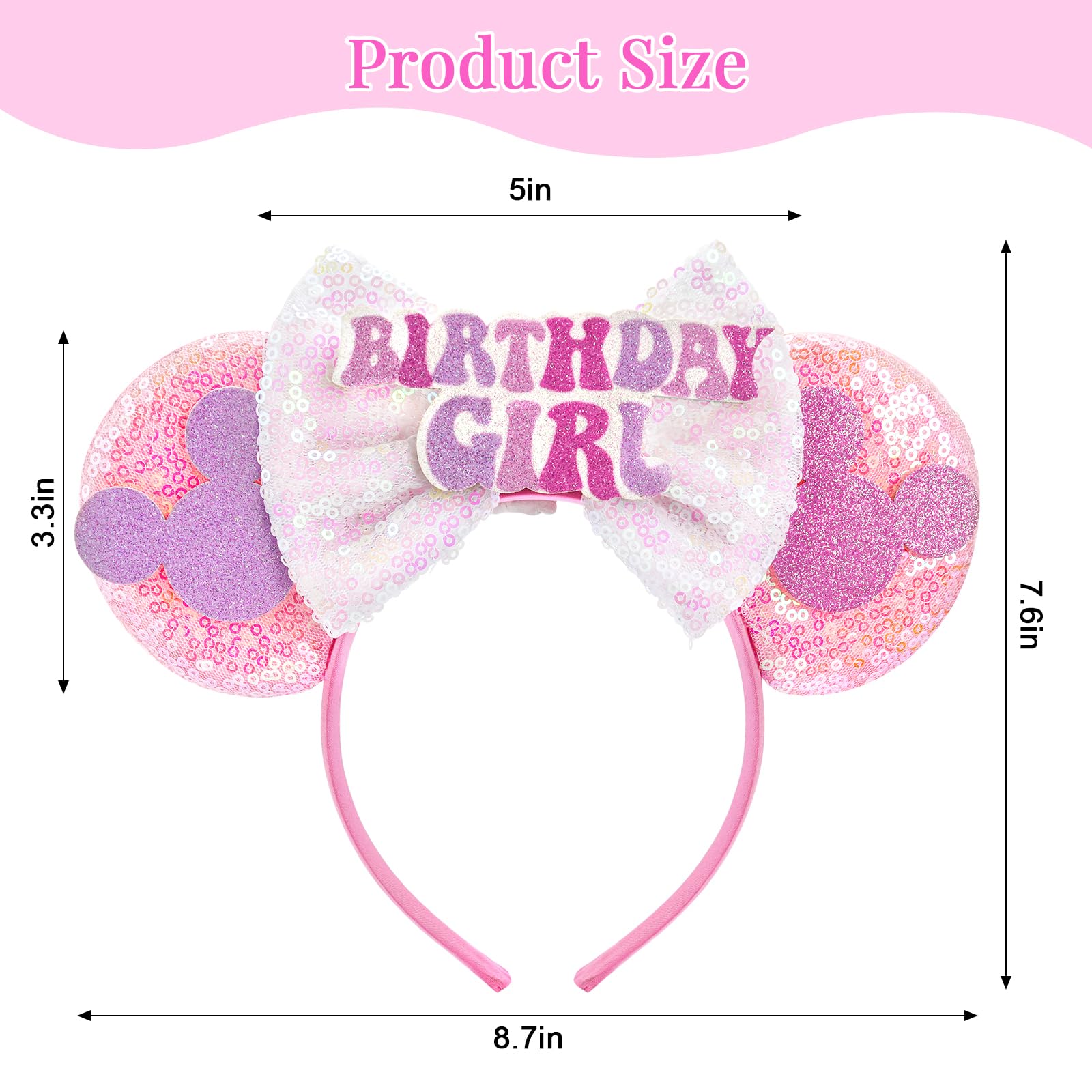 Pink Birthday Mouse Ears Headband for Women & Girls - Cute Birthday Party Hair Accessories & Decorations - Perfect for Disney Trips, Birthday Celebrations & Themed Parties