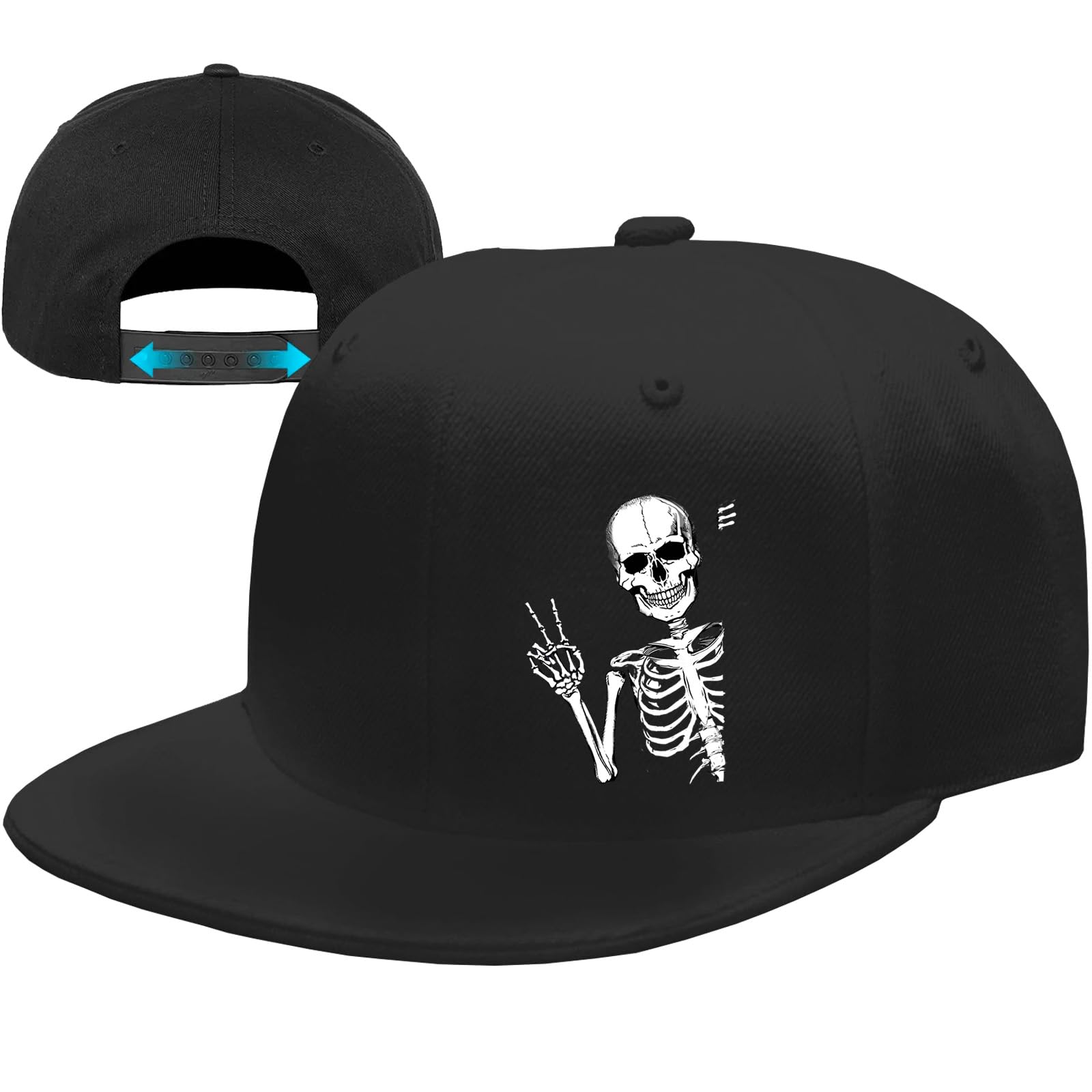 Skull Print Snapback Hat for Men - Adjustable Flat Bill Baseball Cap - Black Skull Design Fitted Hat for Casual Wear, Street Style & Outdoor Activities