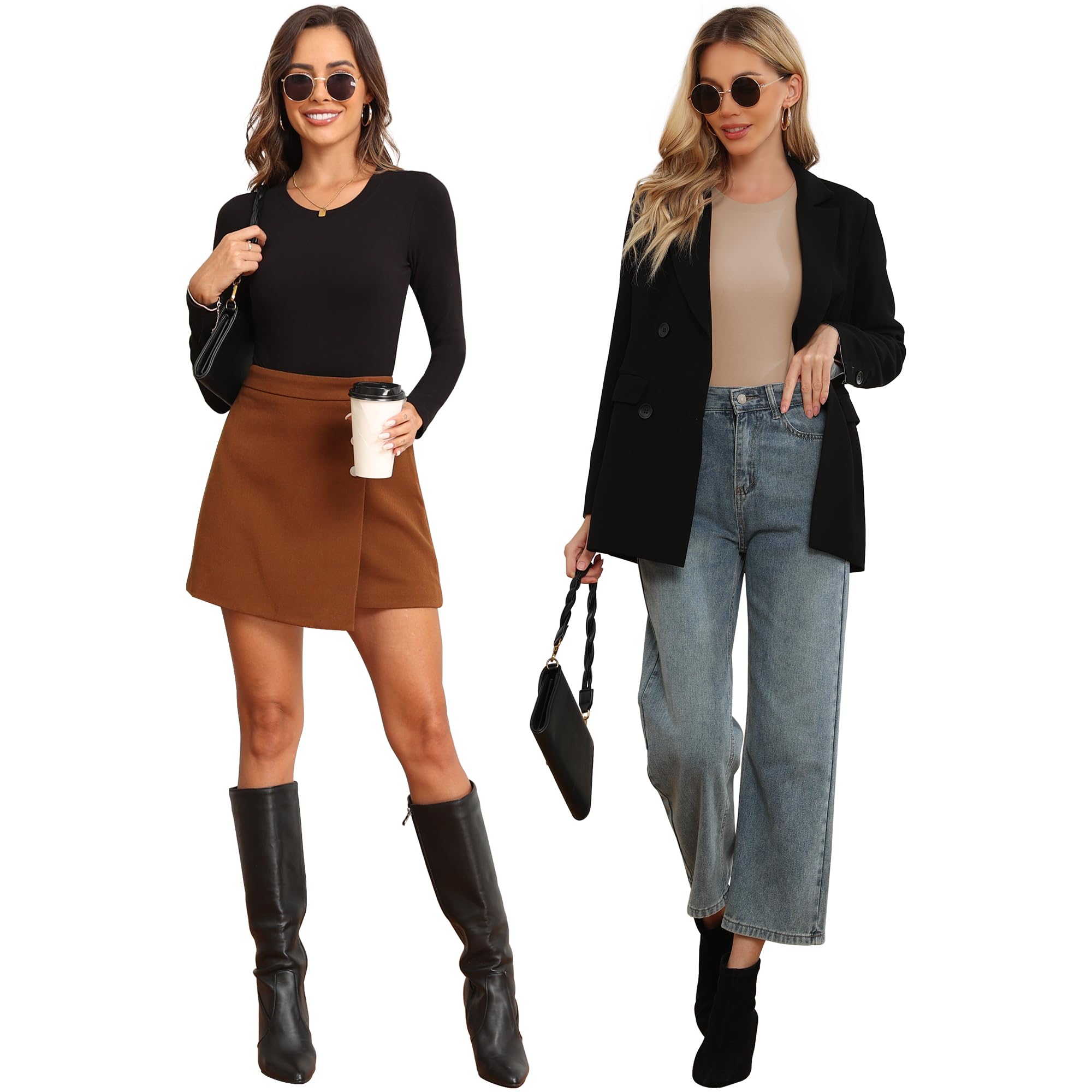 4/5 Pack Women's Long Sleeve Bodysuit - Stretchy Round Neck Basic Tops for Layering, Workout & Everyday Wear
