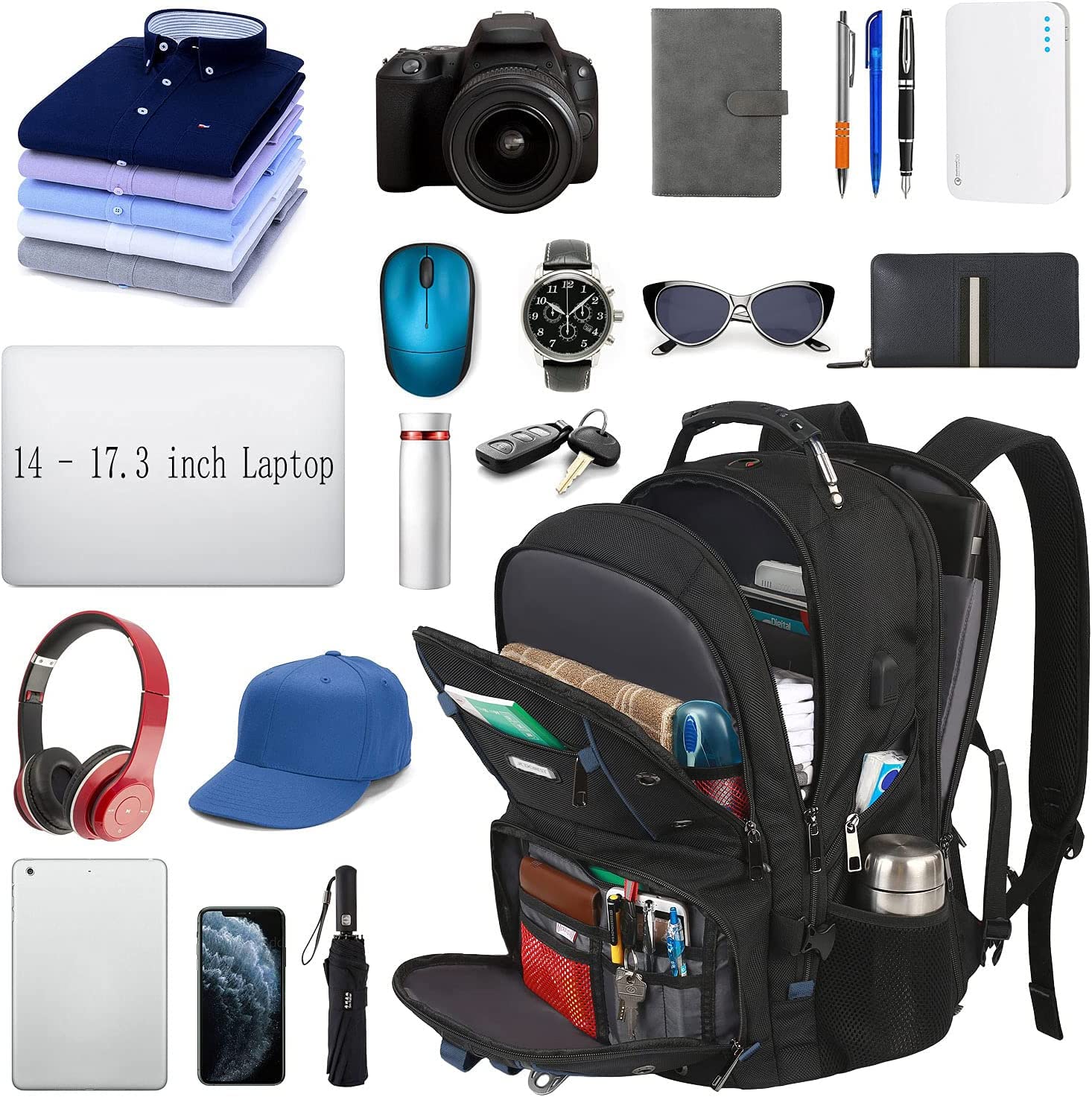 17.3 Inch Heavy Duty Travel Laptop Backpack with RFID Pockets, TSA Friendly Extra Large College Daypack, USB Charging Port, Stylish Laptop Bag for Men & Women, Blue - Perfect for Work, School, and Travel