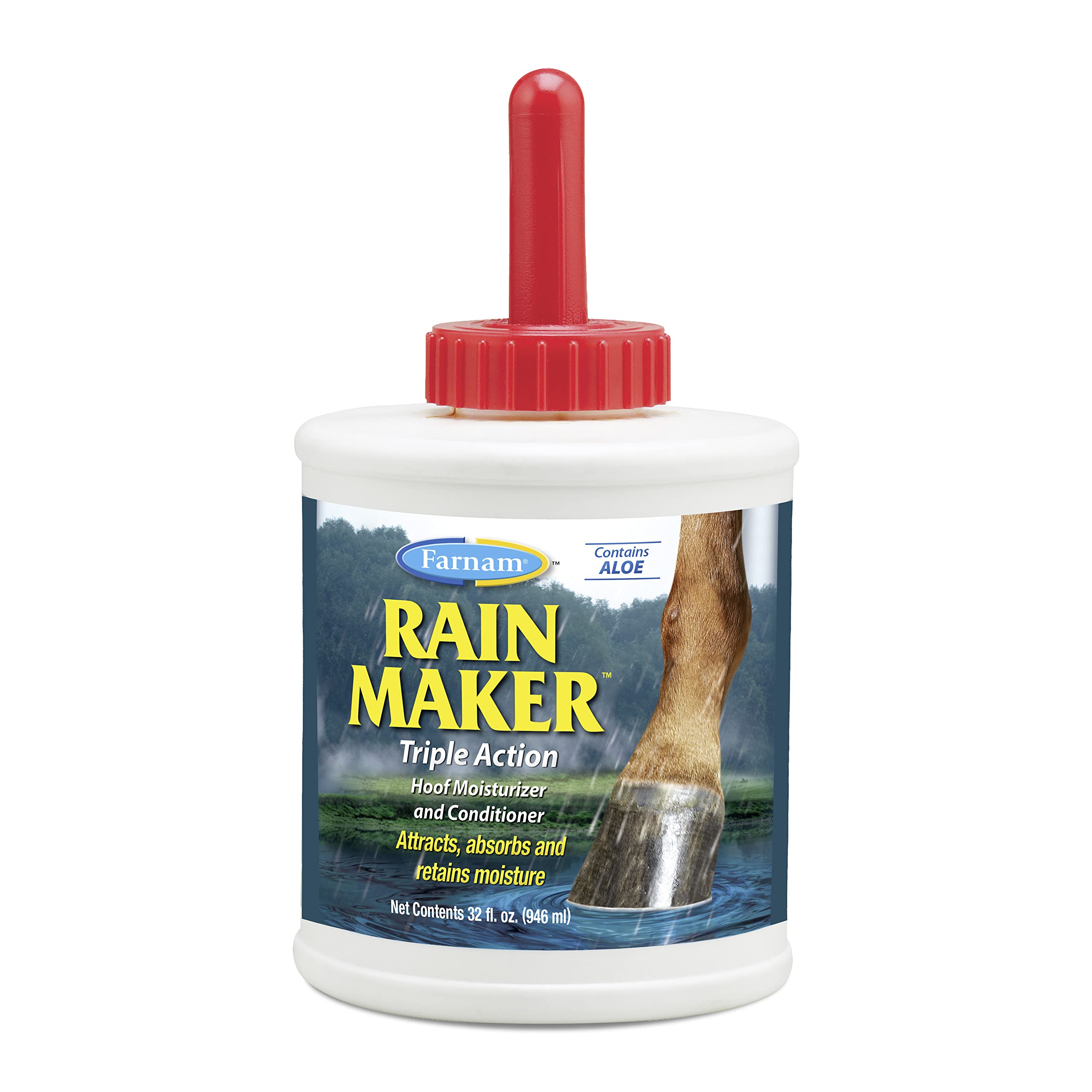 Farnam Rain Maker Triple Action Hoof Oil for Horses - Moisturizing Hoof Conditioner with Aloe Vera | Attracts, Absorbs & Retains Moisture | 32 oz | Ideal for Dry, Cracked Hooves & Winter Care