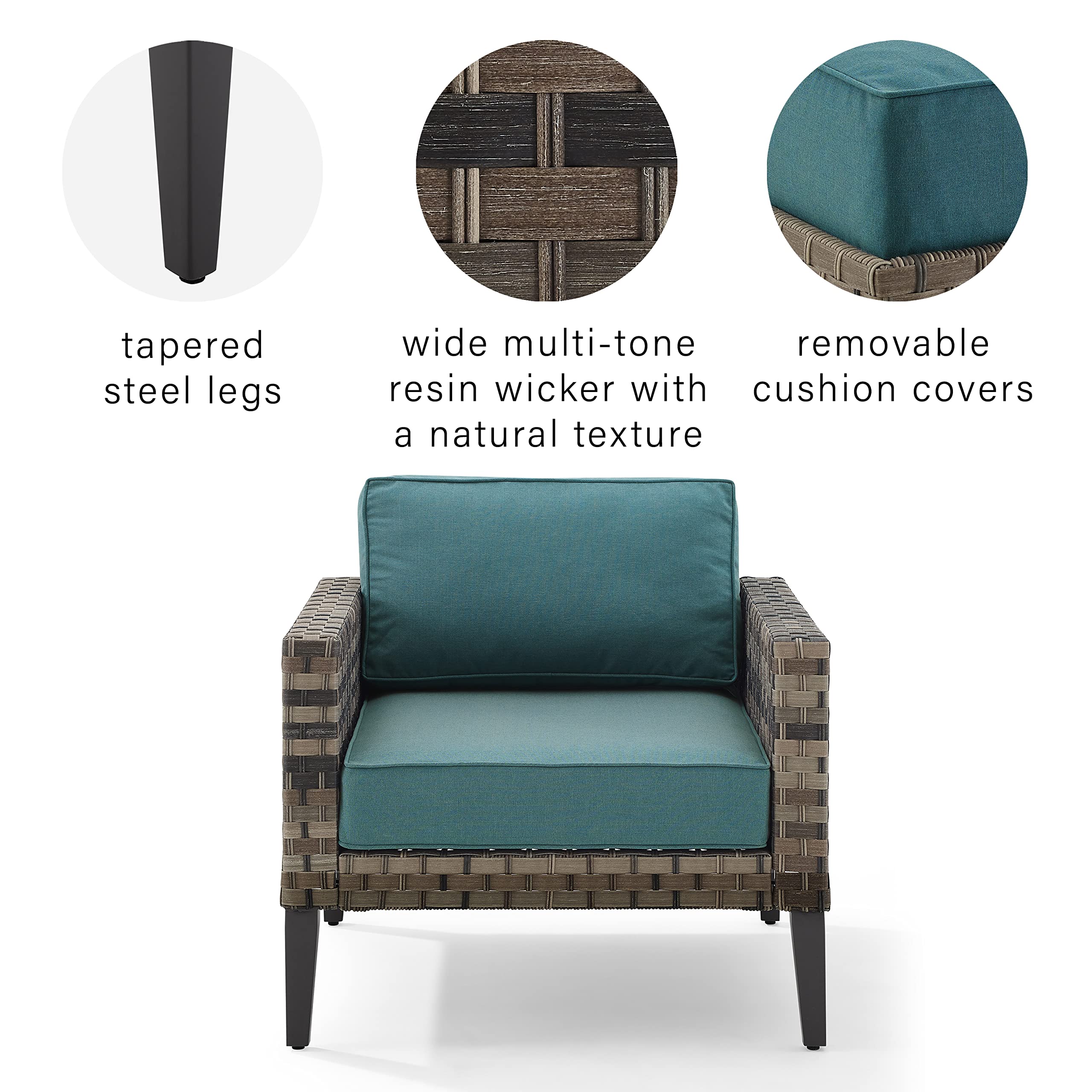 Crosley Prescott Outdoor Wicker Patio Chair with Mineral Blue Cushions - Brown All-Weather Furniture for Porch, Deck, Balcony & Backyard - Perfect for Relaxing, Sunbathing & Outdoor Entertaining