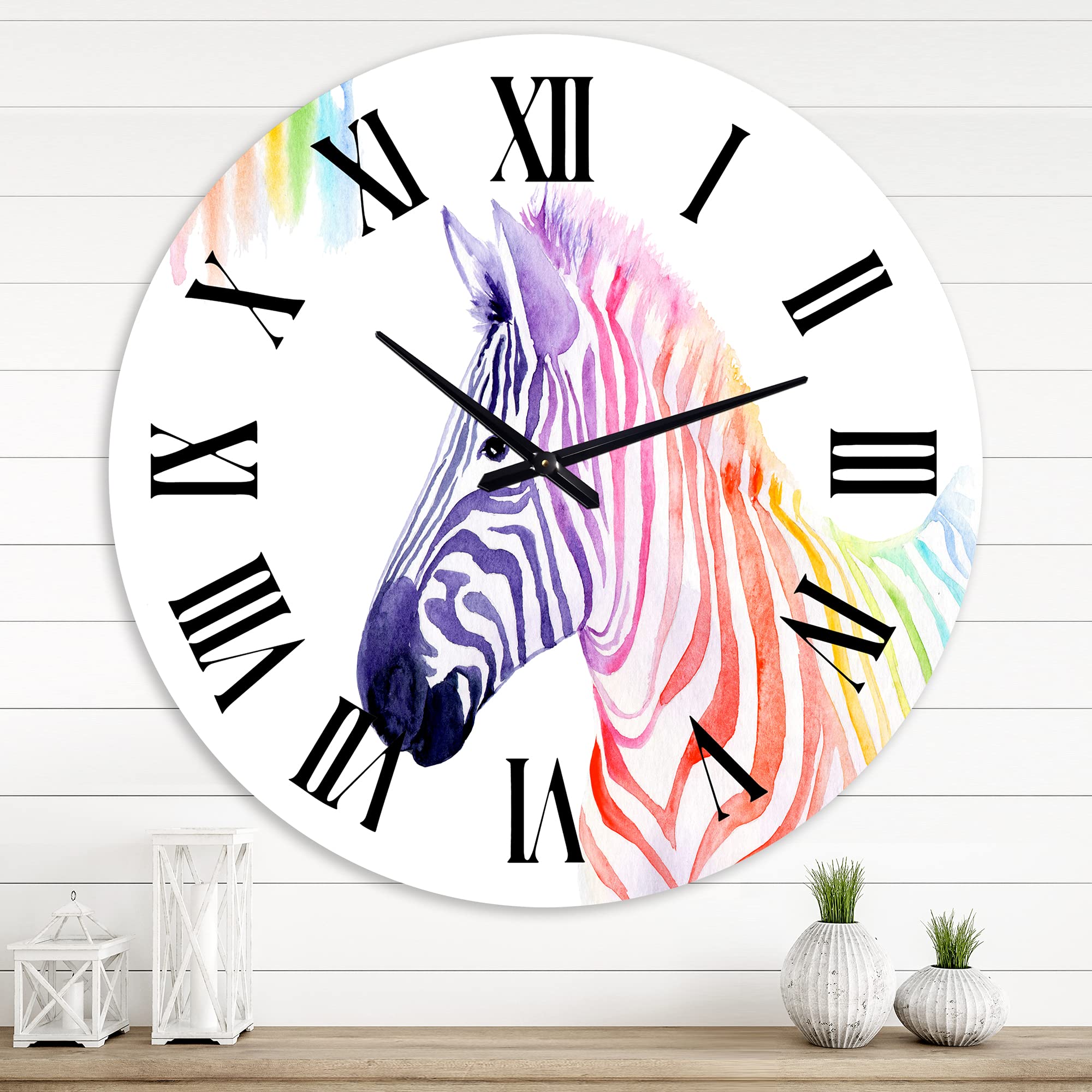 Farmhouse Wall Clock - Large Animal Themed Kitchen Decor with 'Portrait of Rainbow Zebra' Design | Perfect for Rustic Home, Living Room & Office Decoration