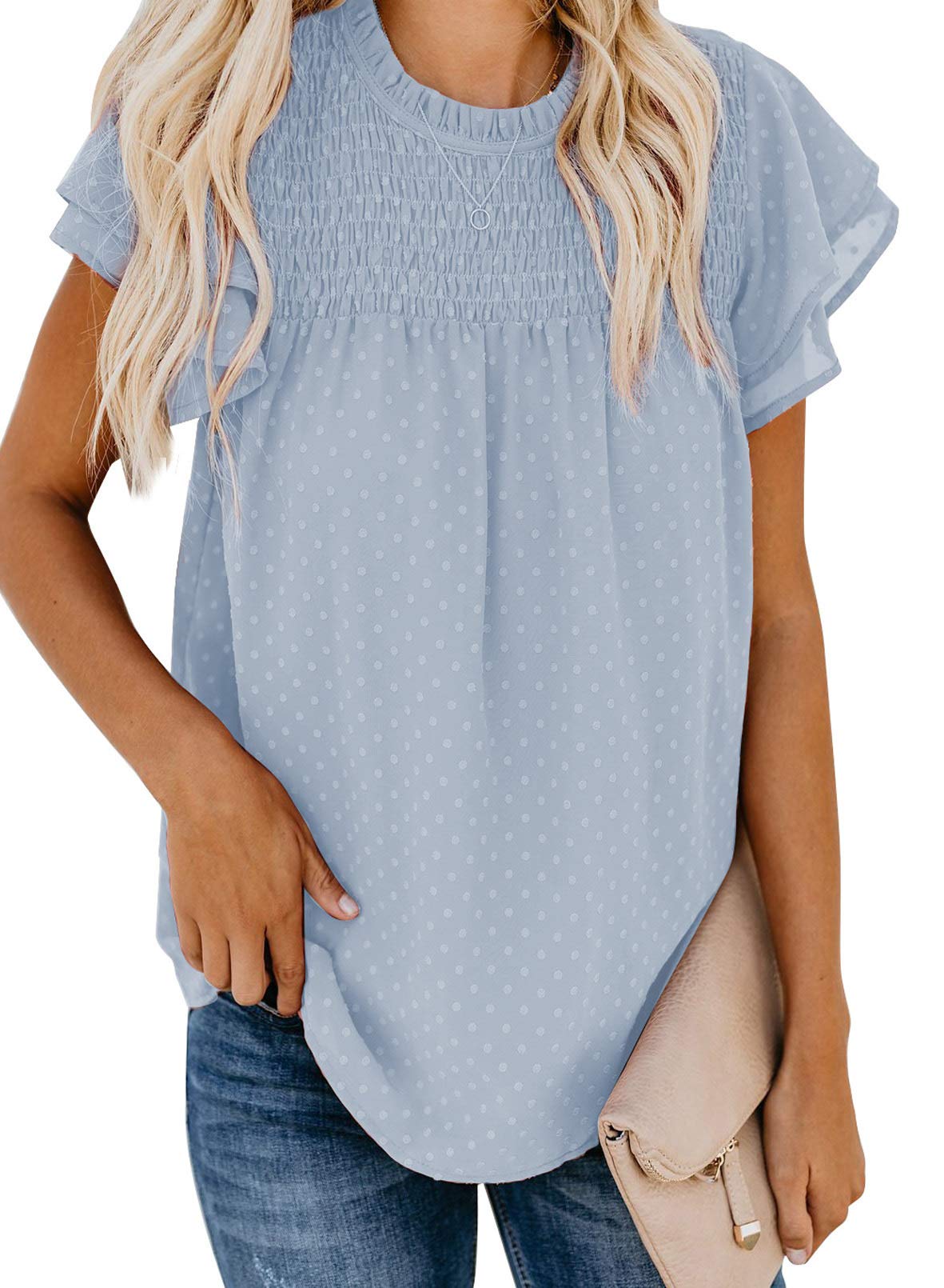 Diukia Women's Summer Chiffon Blouse - Cute Pleated Crewneck Swiss Dot Top with Ruffle Short Sleeves | Casual Wear, Office Outfits & Date Night Fashion