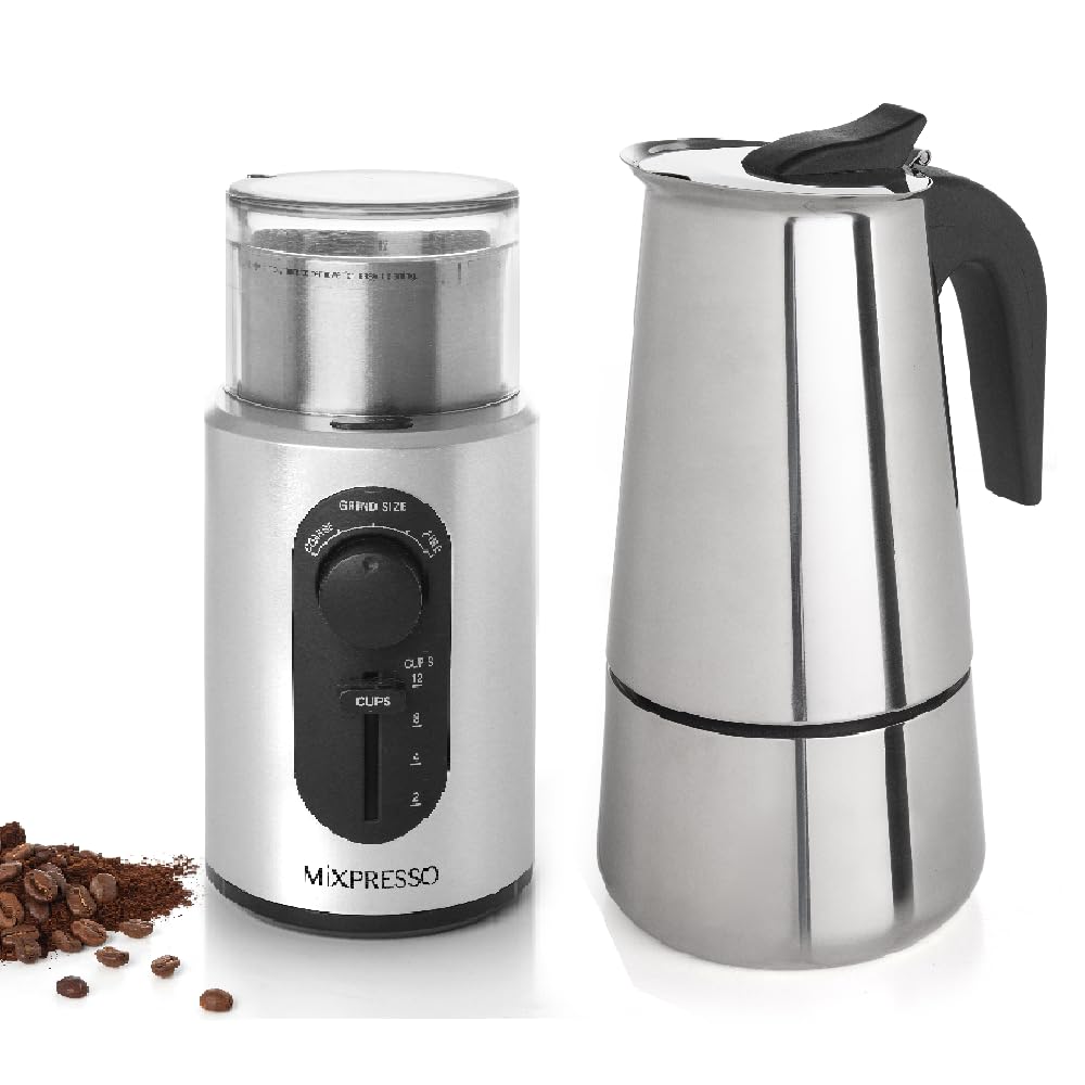 Mixpresso Electric Coffee Grinder - 12 Cup Capacity with 304 Stainless Steel Blade for Espresso Beans, Removable Chamber - Bundle with 9 Cup Stovetop Espresso Maker & Moka Pot - Perfect for Home, Office & Camping Coffee Brewing
