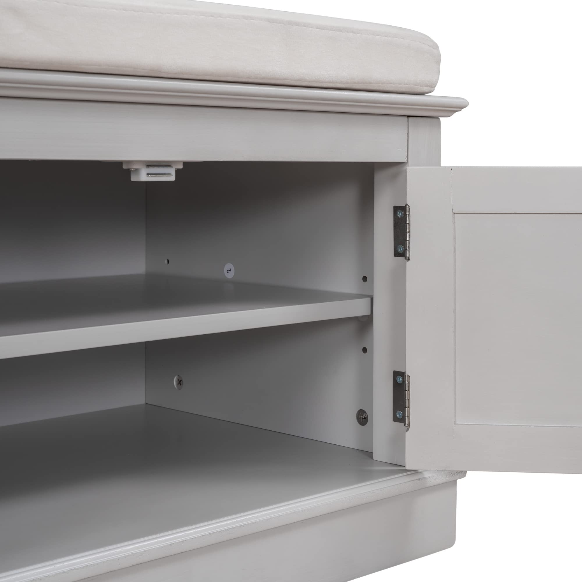 Multi-Functional Storage Bench with 4 Doors & Adjustable Shelves - Shoe Organizer Bench with Removable Cushion for Entryway, Living Room, Hallway - Grey Wash Finish - Perfect for Small Space Organization & Shoe Storage Solutions